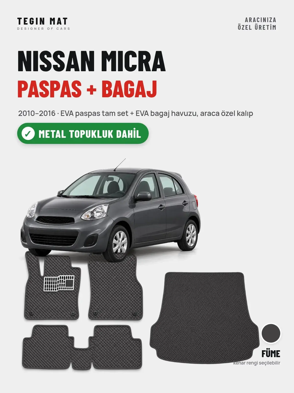 Nissan Micra EVA Paspas + Bagaj Havuzu Seti (2010–2016) Füme – Metal Topukluk Dahil (1)