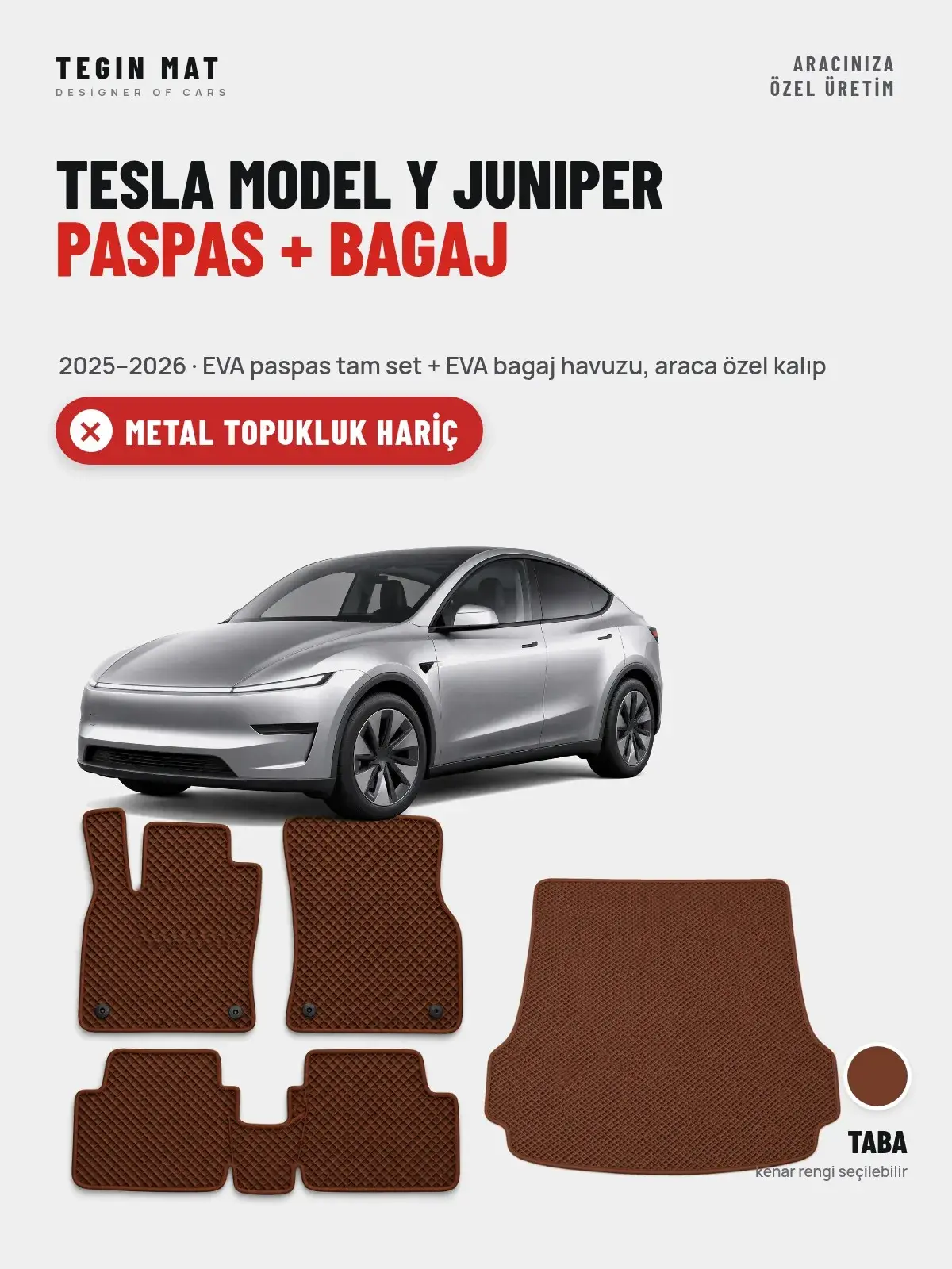 Tesla Model Y Juniper EVA Paspas + Bagaj Havuzu Seti (2025–2026) Taba – Metal Topukluk Hariç (1)