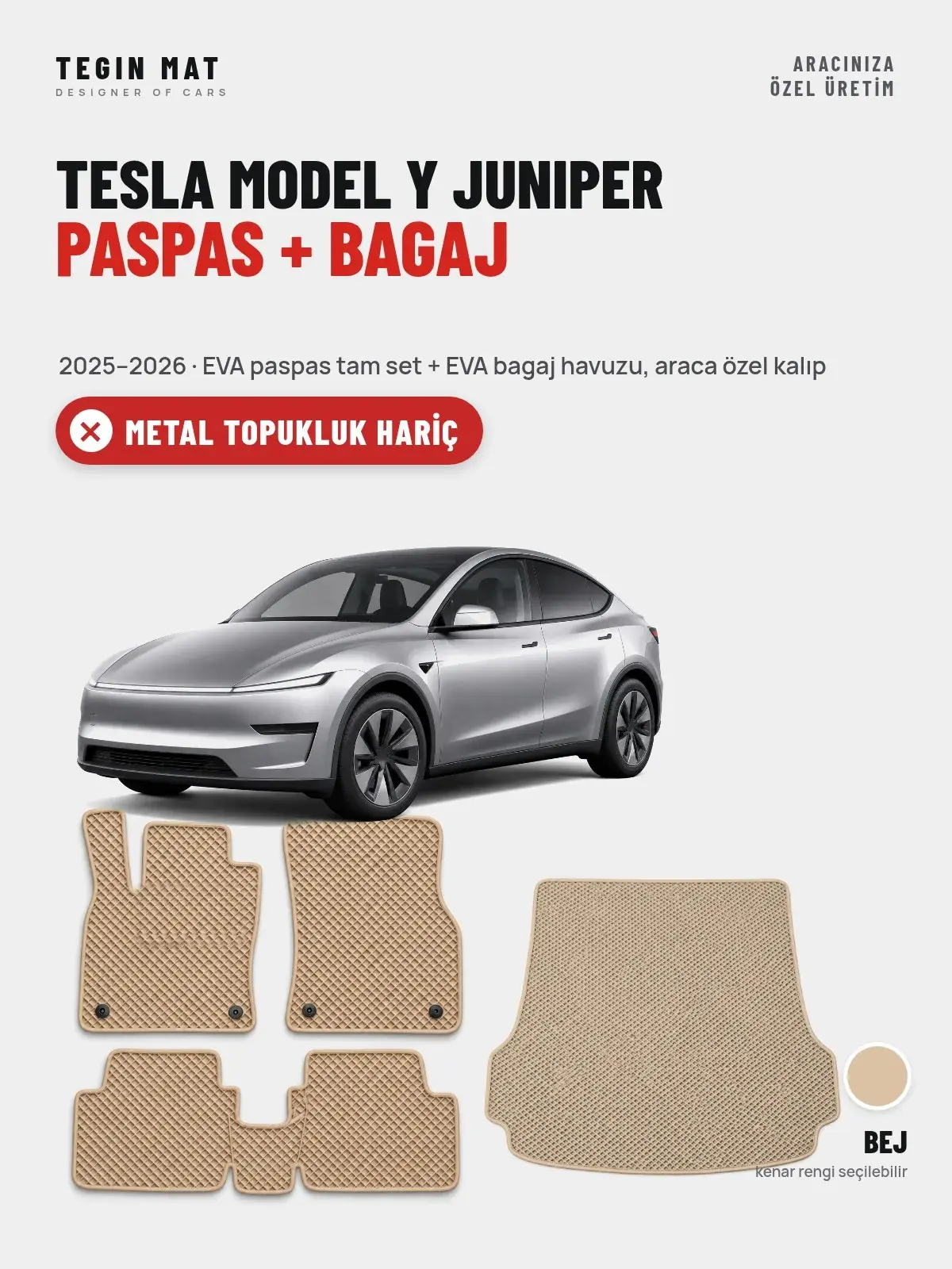 Tesla Model Y Juniper EVA Paspas + Bagaj Havuzu Seti (2025–2026) Bej – Metal Topukluk Hariç (1)