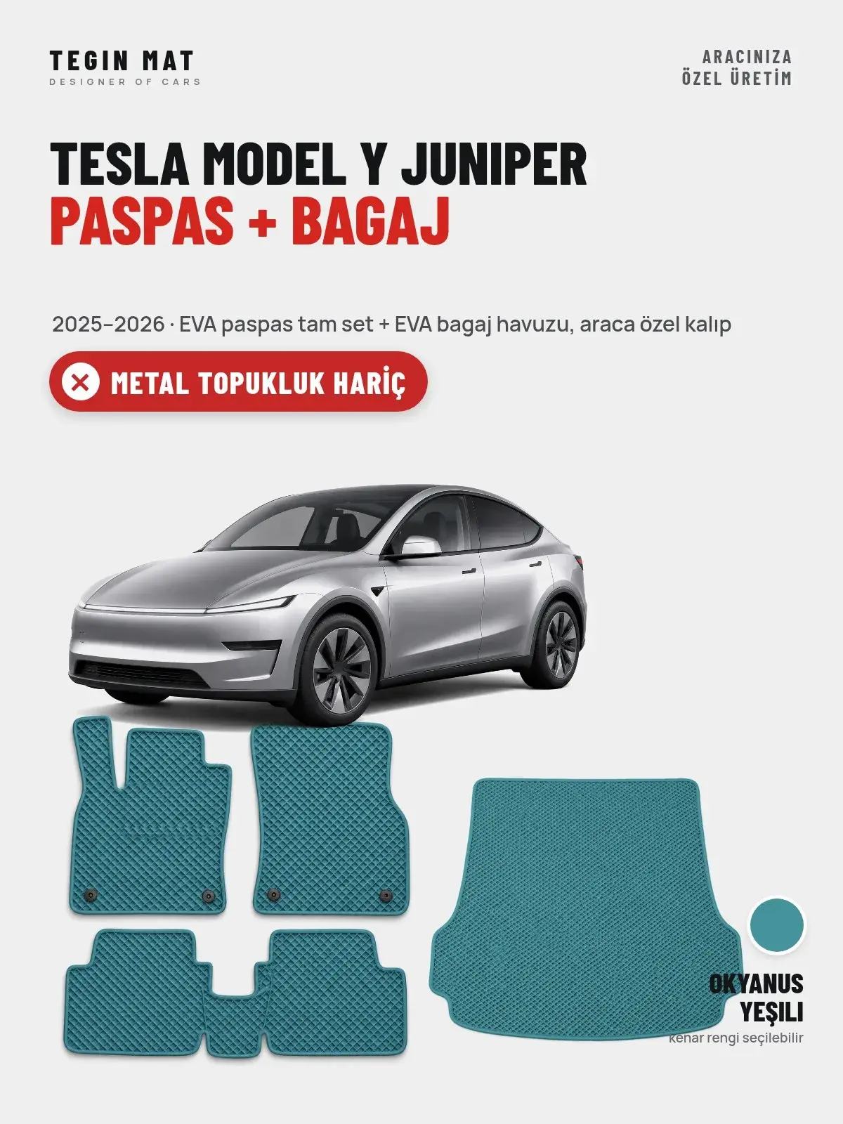 Tesla Model Y Juniper EVA Paspas + Bagaj Havuzu Seti (2025–2026) Okyanus Yeşili – Metal Topukluk Hariç (1)