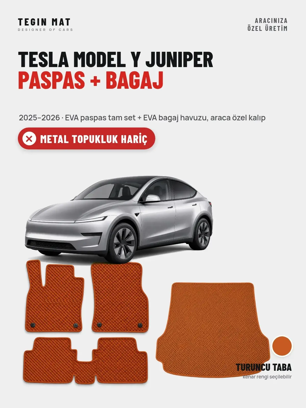 Tesla Model Y Juniper EVA Paspas + Bagaj Havuzu Seti (2025–2026) Turuncu Taba – Metal Topukluk Hariç (1)