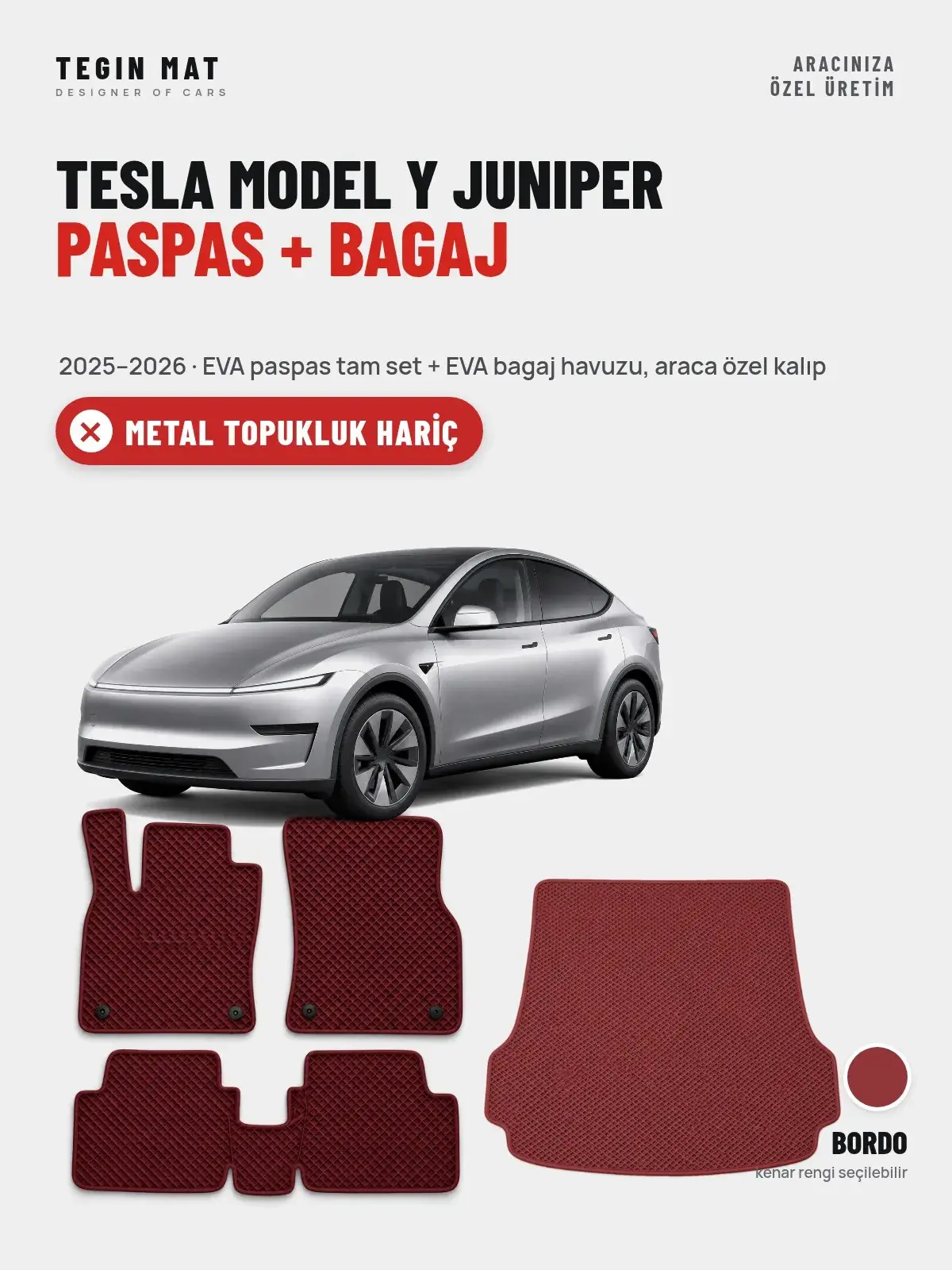 Tesla Model Y Juniper EVA Paspas + Bagaj Havuzu Seti (2025–2026) Bordo – Metal Topukluk Hariç (1)
