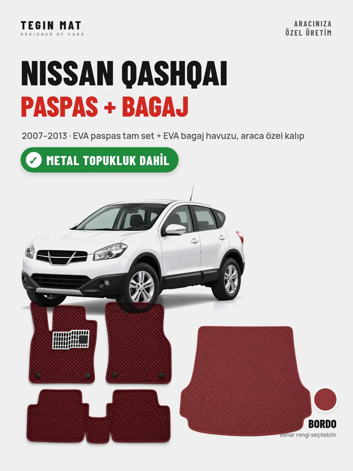 Nissan Qashqai EVA Paspas + Bagaj Havuzu Seti (2007–2013) Bordo – Metal Topukluk Dahil (1)