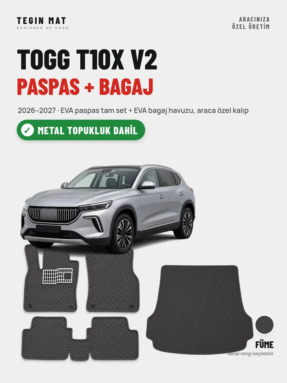 Togg T10X V2 EVA Paspas + Bagaj Havuzu Seti (2026–2027) Füme – Metal Topukluk Dahil (1)