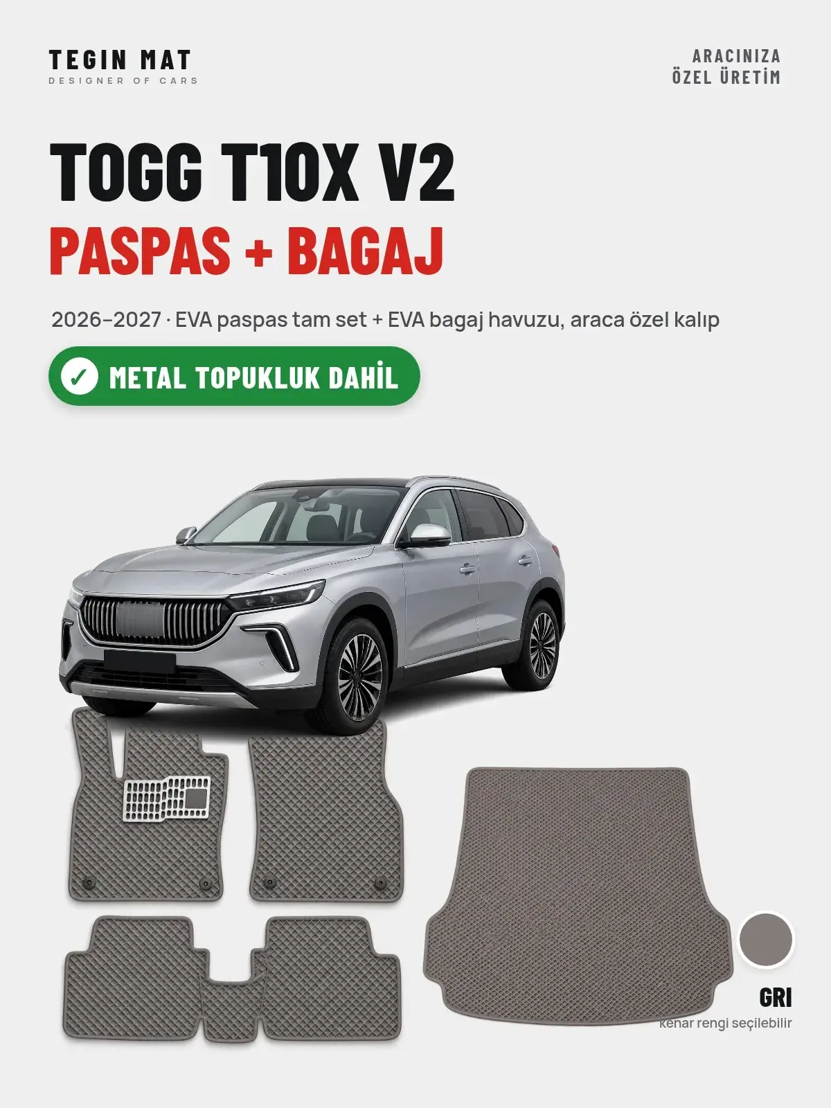 Togg T10X V2 EVA Paspas + Bagaj Havuzu Seti (2026–2027) Gri – Metal Topukluk Dahil (1)