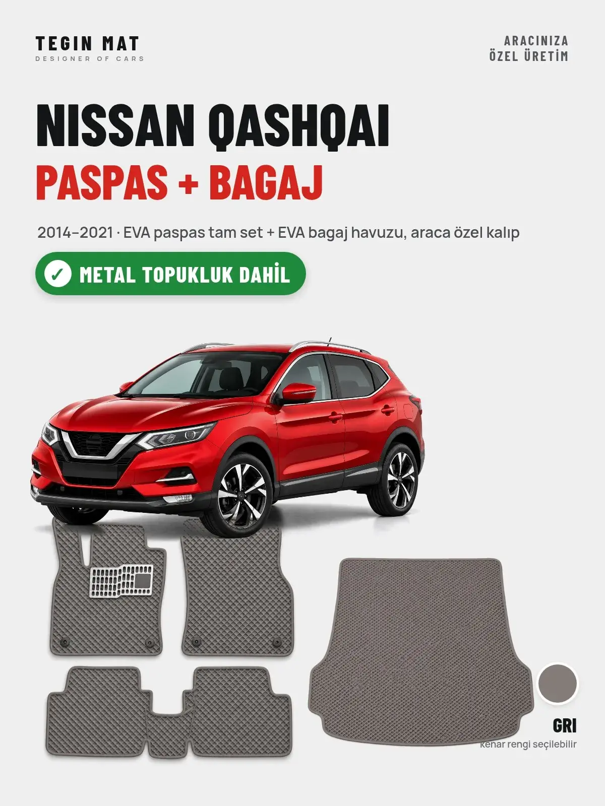 Nissan Qashqai EVA Paspas + Bagaj Havuzu Seti (2014–2021) Gri – Metal Topukluk Dahil (1)