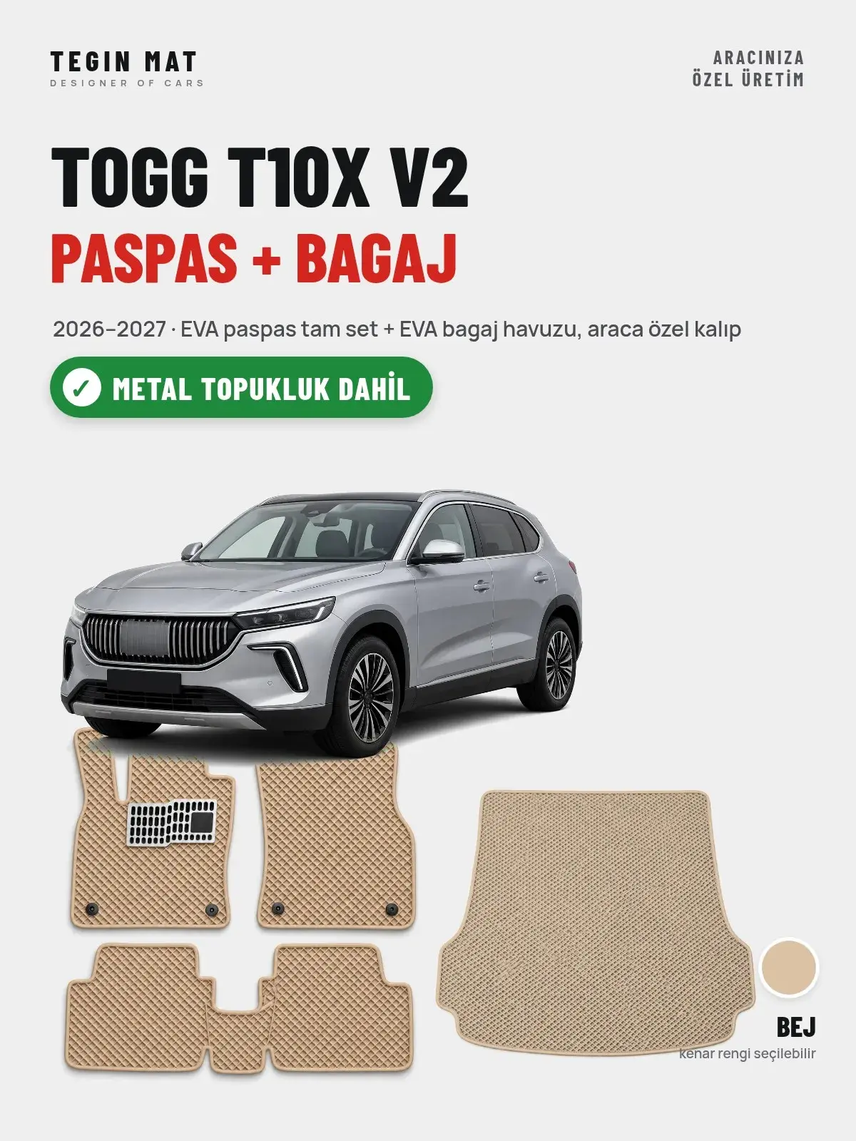 Togg T10X V2 EVA Paspas + Bagaj Havuzu Seti (2026–2027) Bej – Metal Topukluk Dahil (1)