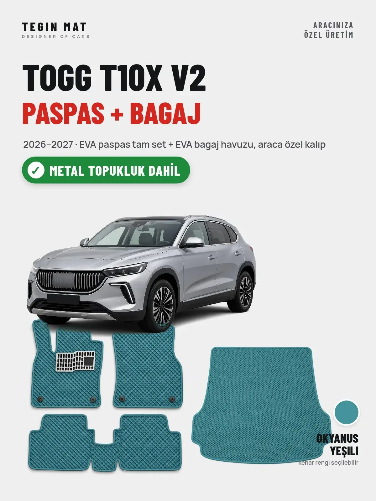 Togg T10X V2 EVA Paspas + Bagaj Havuzu Seti (2026–2027) Okyanus Yeşili – Metal Topukluk Dahil (1)