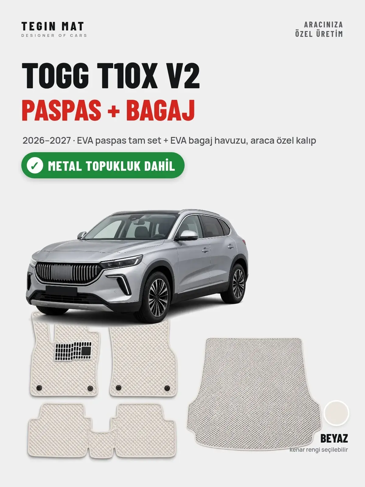 Togg T10X V2 EVA Paspas + Bagaj Havuzu Seti (2026–2027) Beyaz – Metal Topukluk Dahil (1)