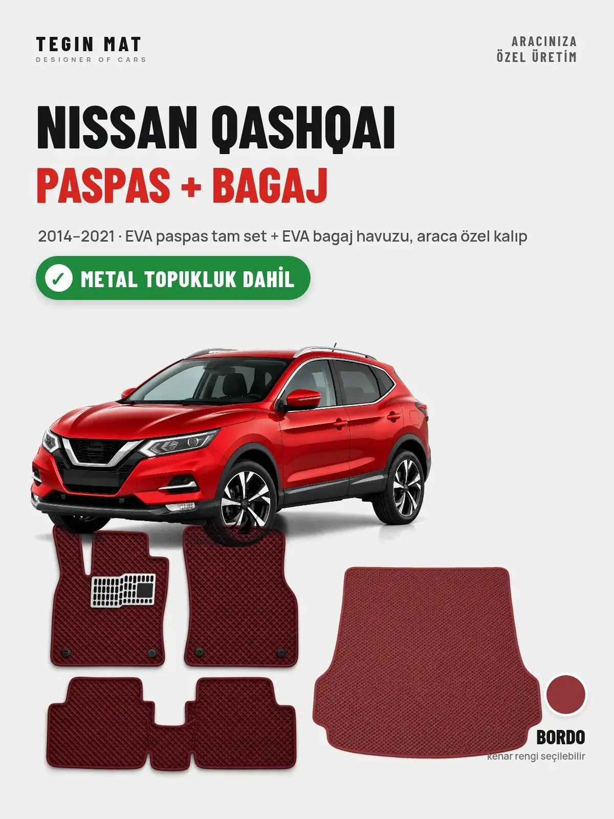 Nissan Qashqai EVA Paspas + Bagaj Havuzu Seti (2014–2021) Bordo – Metal Topukluk Dahil (1)