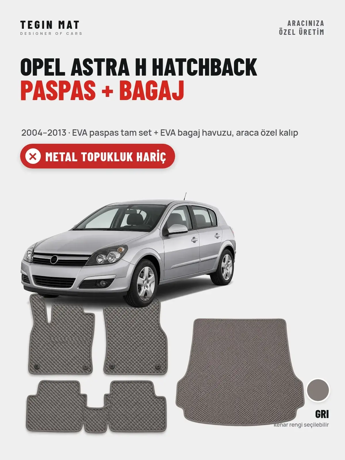 Opel Astra H Hatchback EVA Paspas + Bagaj Havuzu Seti (2004–2013) Gri – Metal Topukluk Hariç (1)