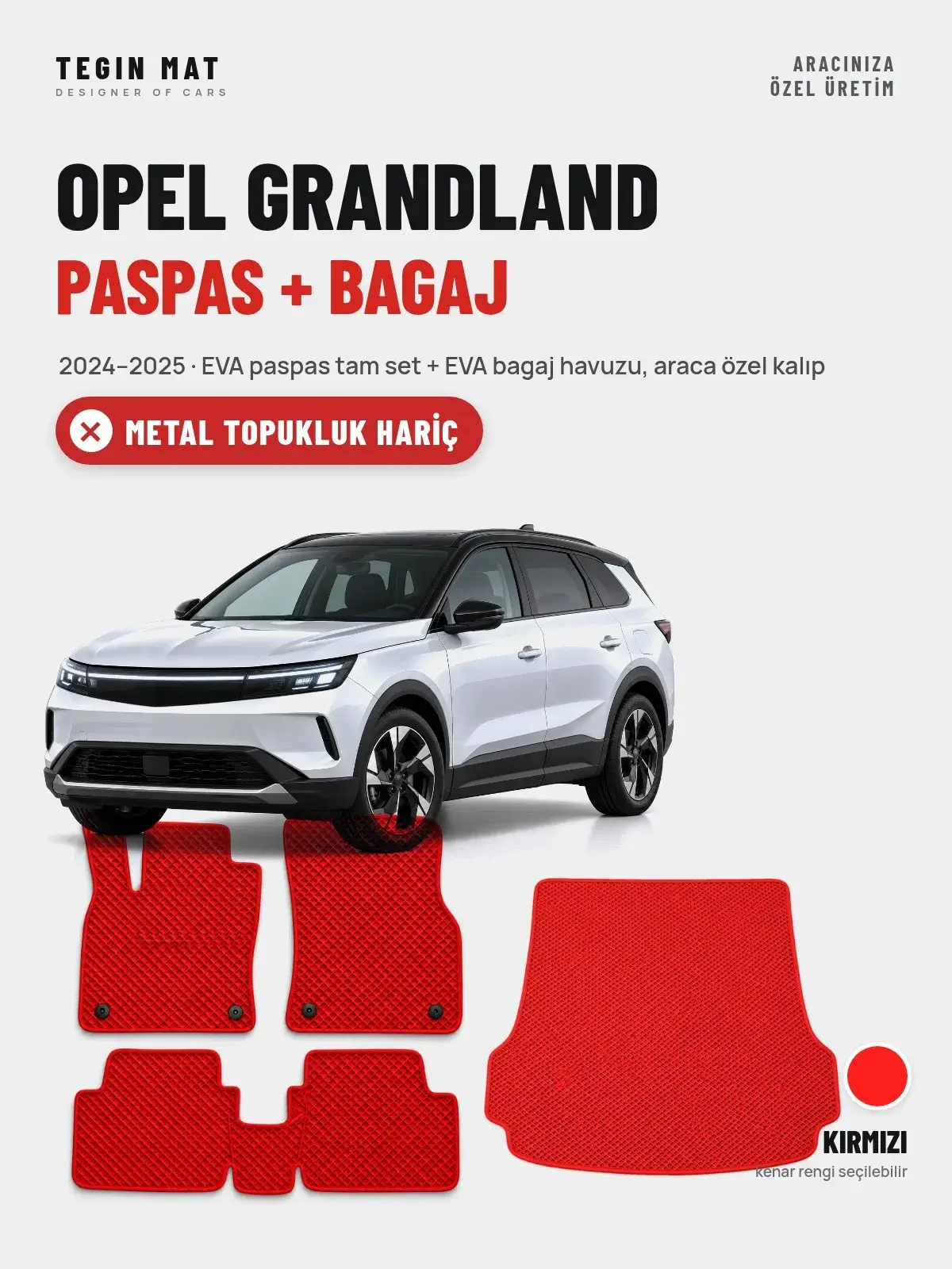 Opel Grandland EVA Paspas + Bagaj Havuzu Seti (2024–2025) Kırmızı – Metal Topukluk Hariç (1)