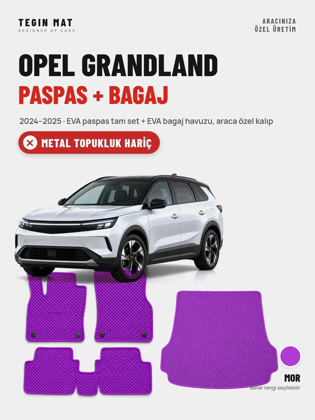 Opel Grandland EVA Paspas + Bagaj Havuzu Seti (2024–2025) Mor – Metal Topukluk Hariç (1)