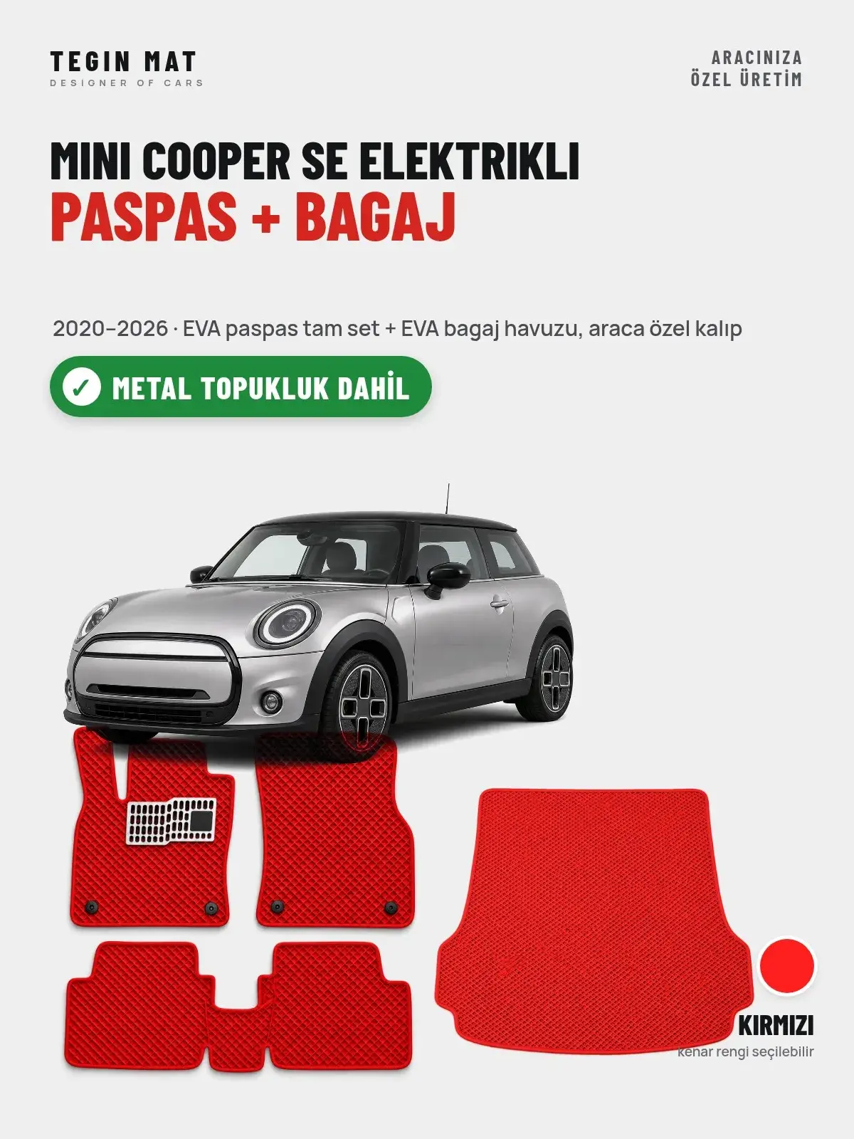 MINI Cooper SE Elektrikli EVA Paspas + Bagaj Havuzu Seti (2020–2026) Kırmızı – Metal Topukluk Dahil (1)