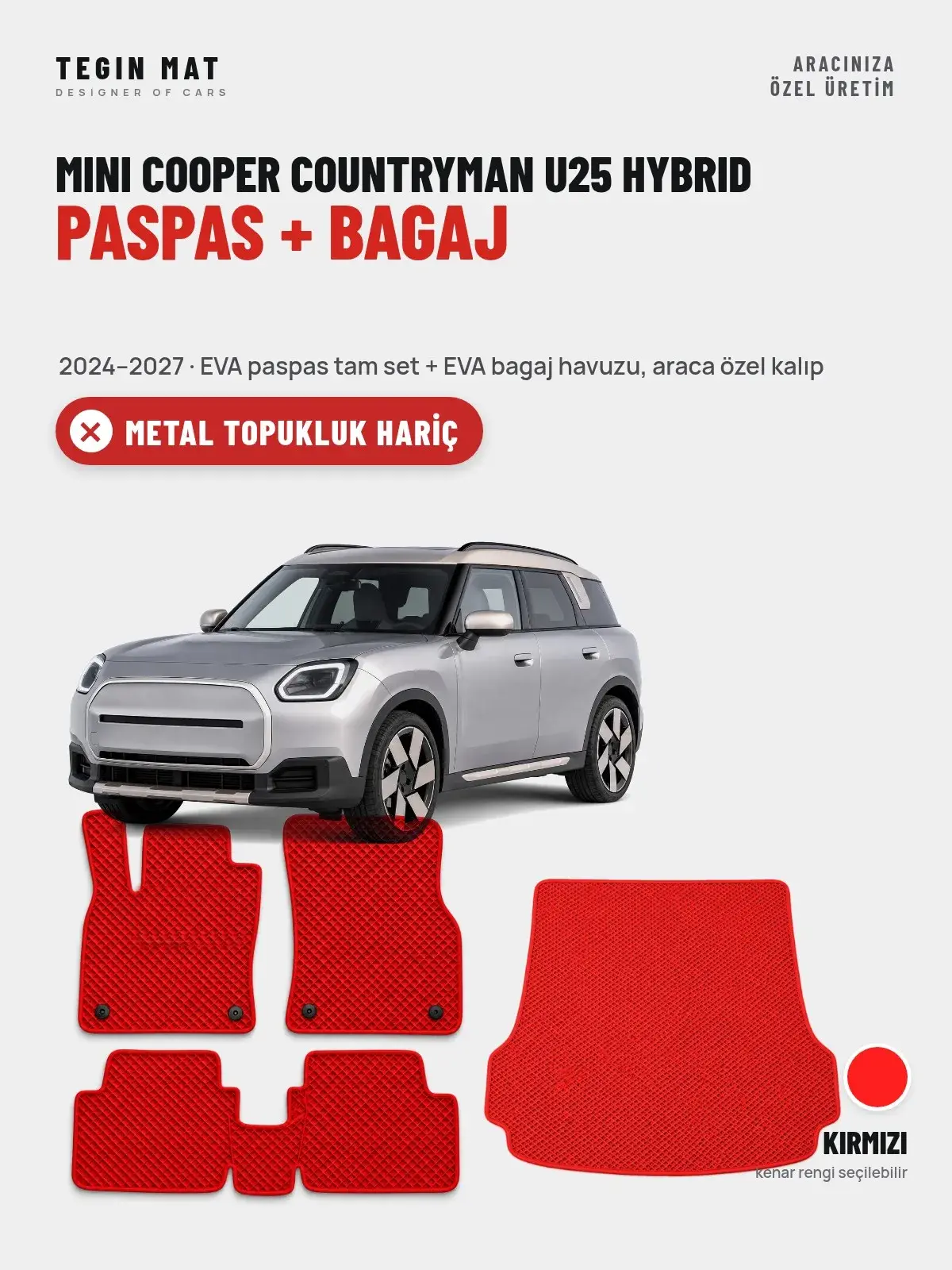 MINI Cooper Countryman U25 Hybrid EVA Paspas + Bagaj Havuzu Seti (2024–2027) Kırmızı – Metal Topukluk Hariç (1)