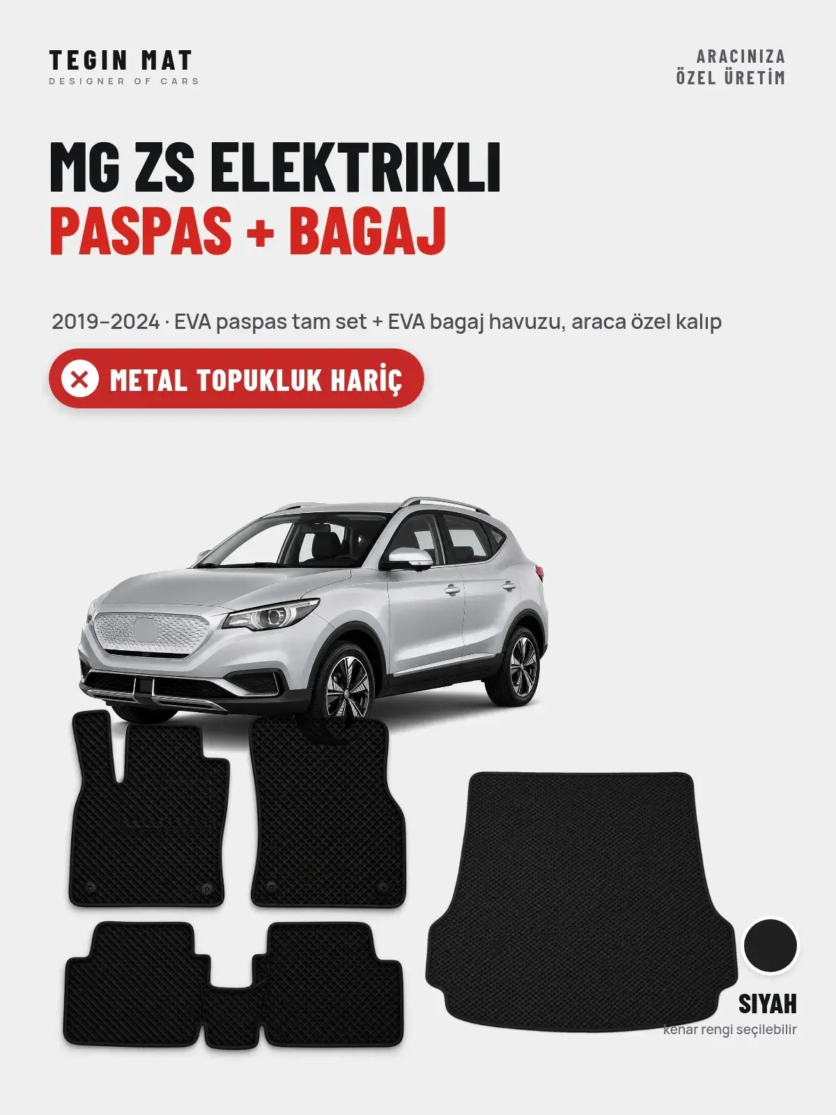 MG ZS Elektrikli EVA Paspas + Bagaj Havuzu Seti (2019–2024) Siyah – Metal Topukluk Hariç (1)