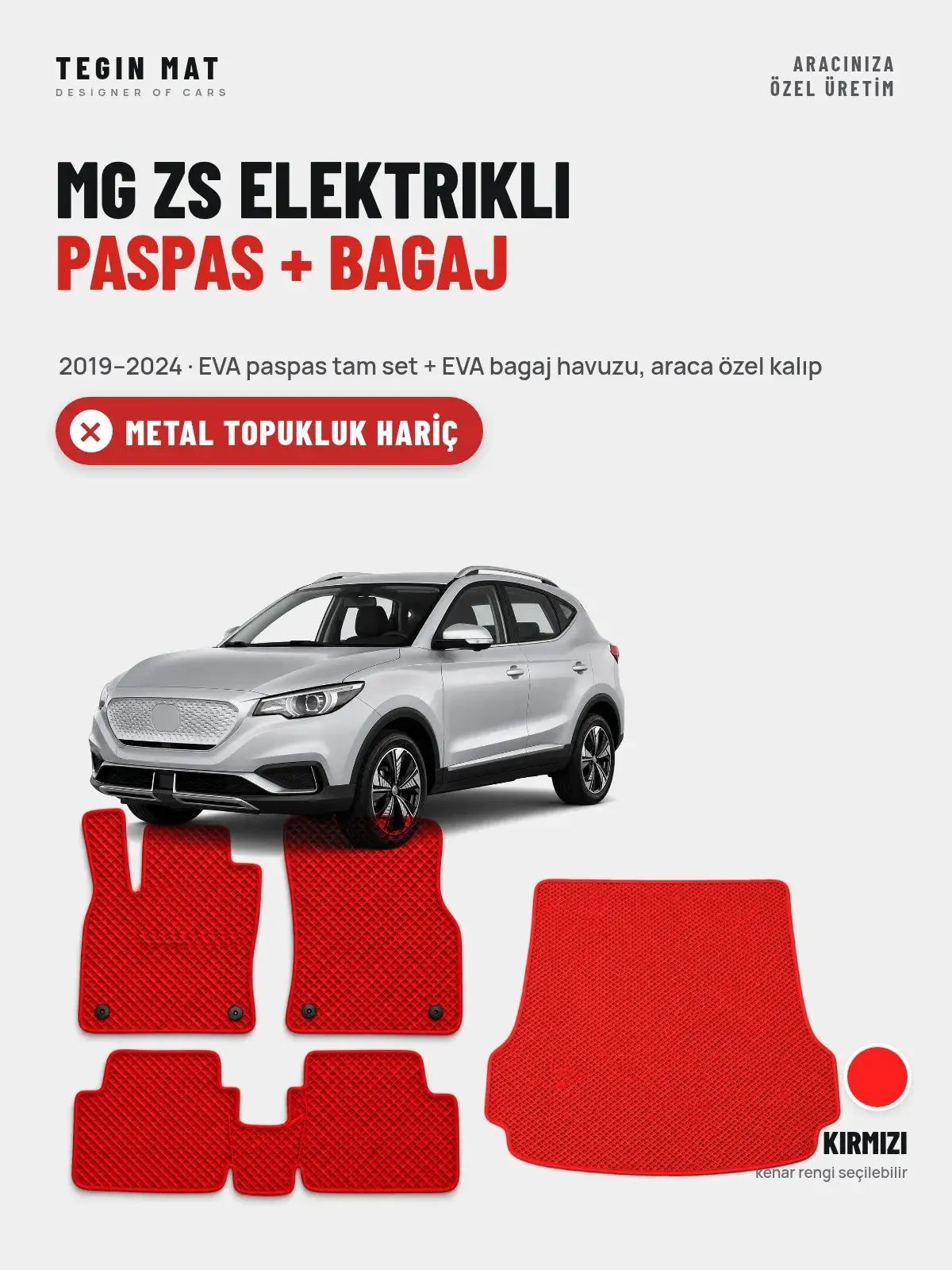 MG ZS Elektrikli EVA Paspas + Bagaj Havuzu Seti (2019–2024) Kırmızı – Metal Topukluk Hariç (1)