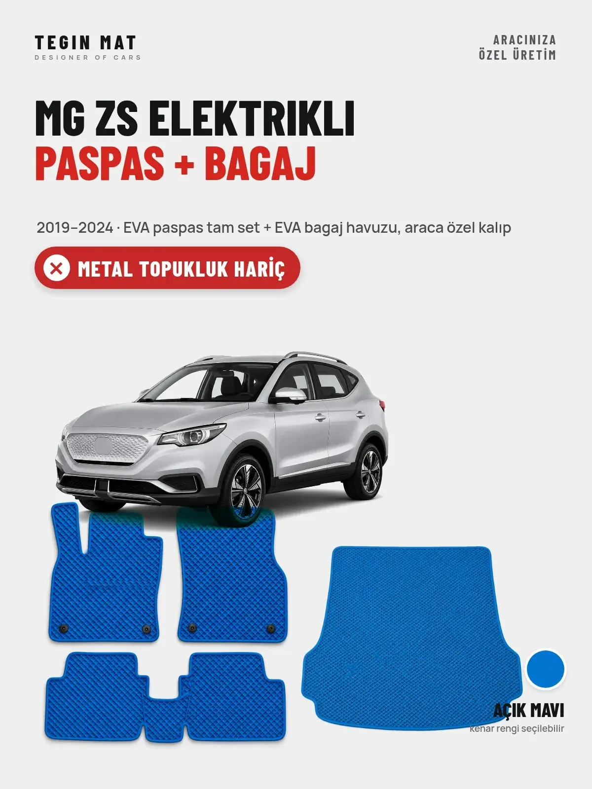 MG ZS Elektrikli EVA Paspas + Bagaj Havuzu Seti (2019–2024) Açık Mavi – Metal Topukluk Hariç (1)