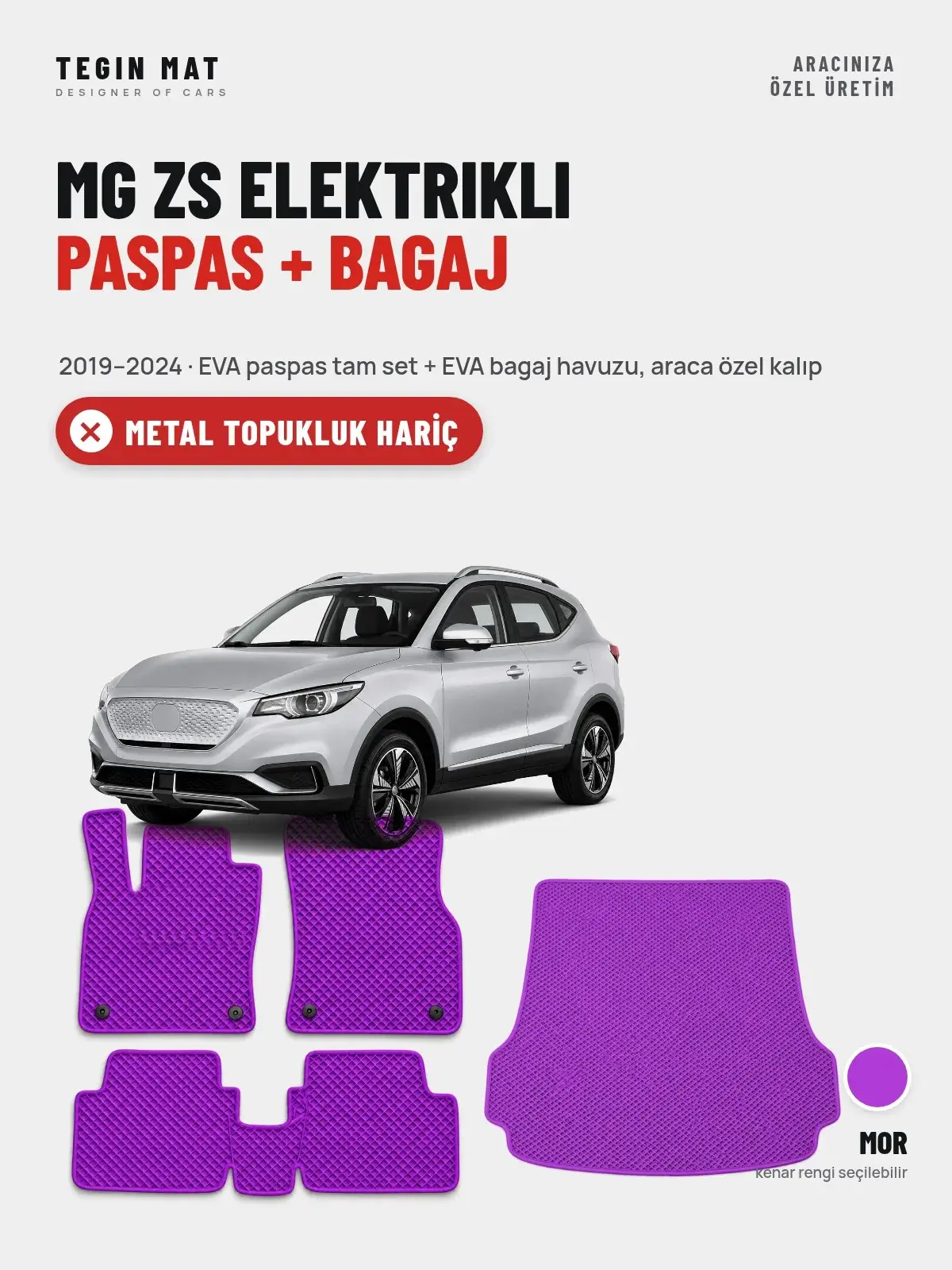 MG ZS Elektrikli EVA Paspas + Bagaj Havuzu Seti (2019–2024) Mor – Metal Topukluk Hariç (1)