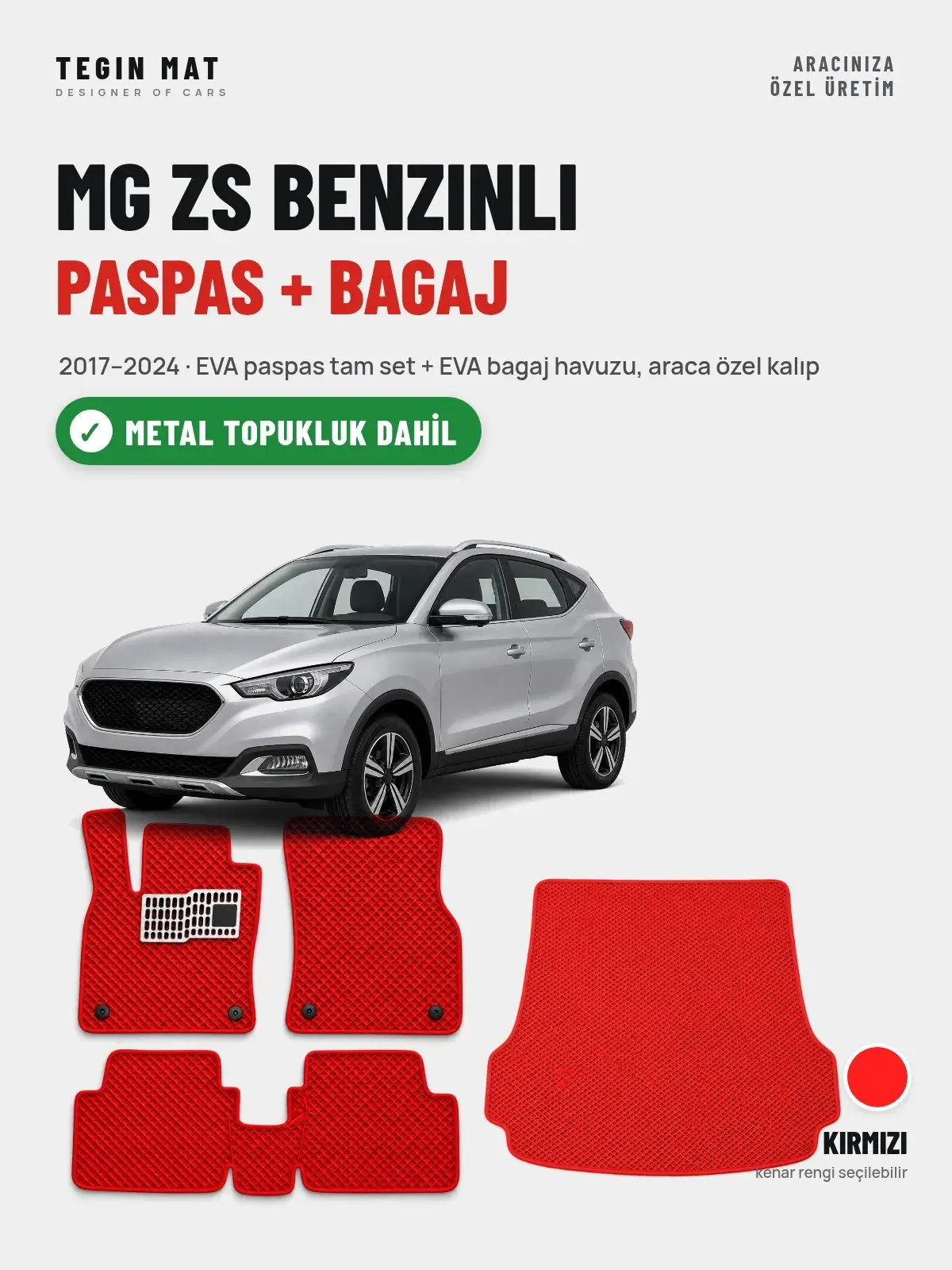 MG ZS Benzinli EVA Paspas + Bagaj Havuzu Seti (2017–2024) Kırmızı – Metal Topukluk Dahil (1)