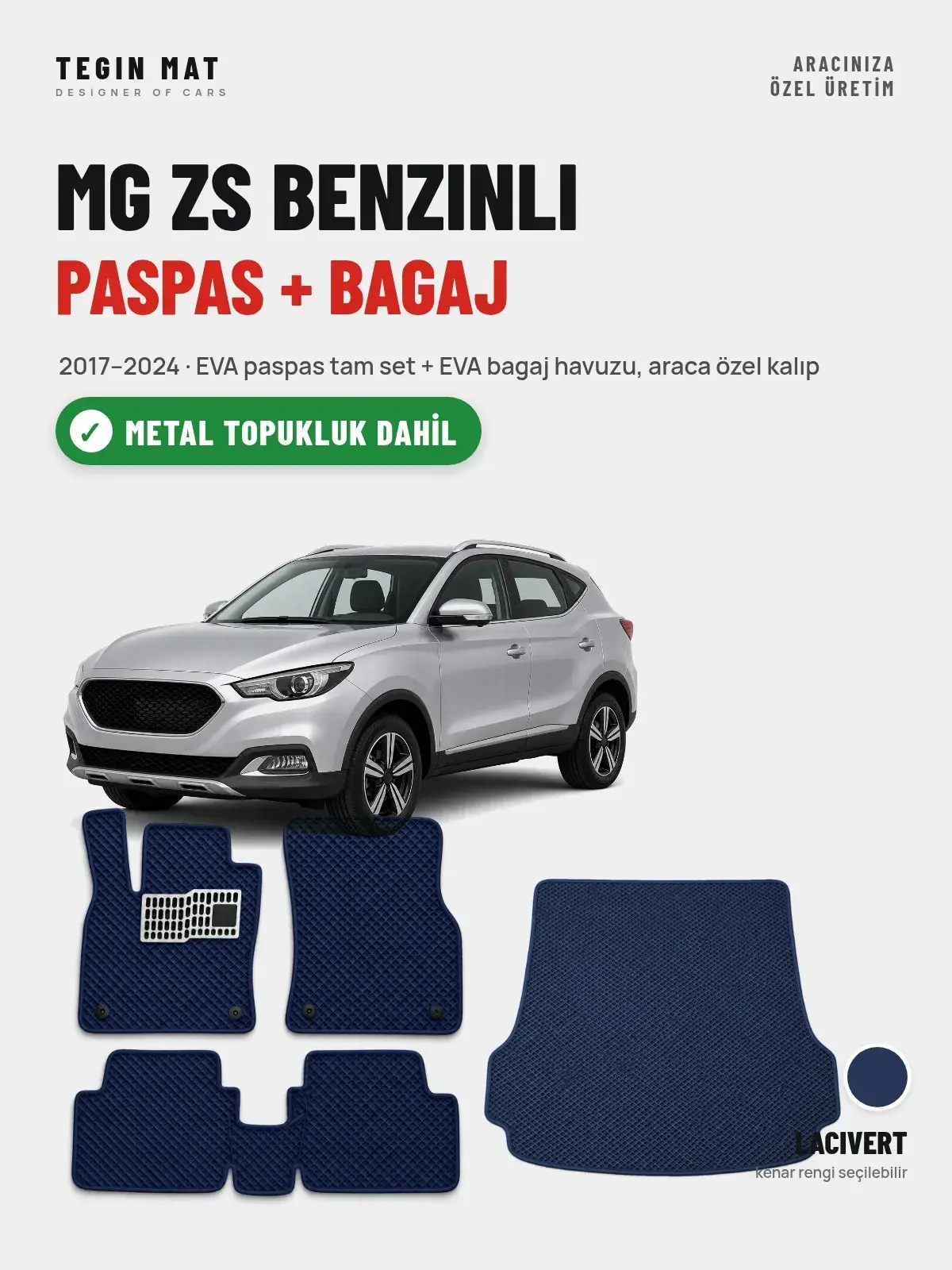MG ZS Benzinli EVA Paspas + Bagaj Havuzu Seti (2017–2024) Lacivert – Metal Topukluk Dahil (1)