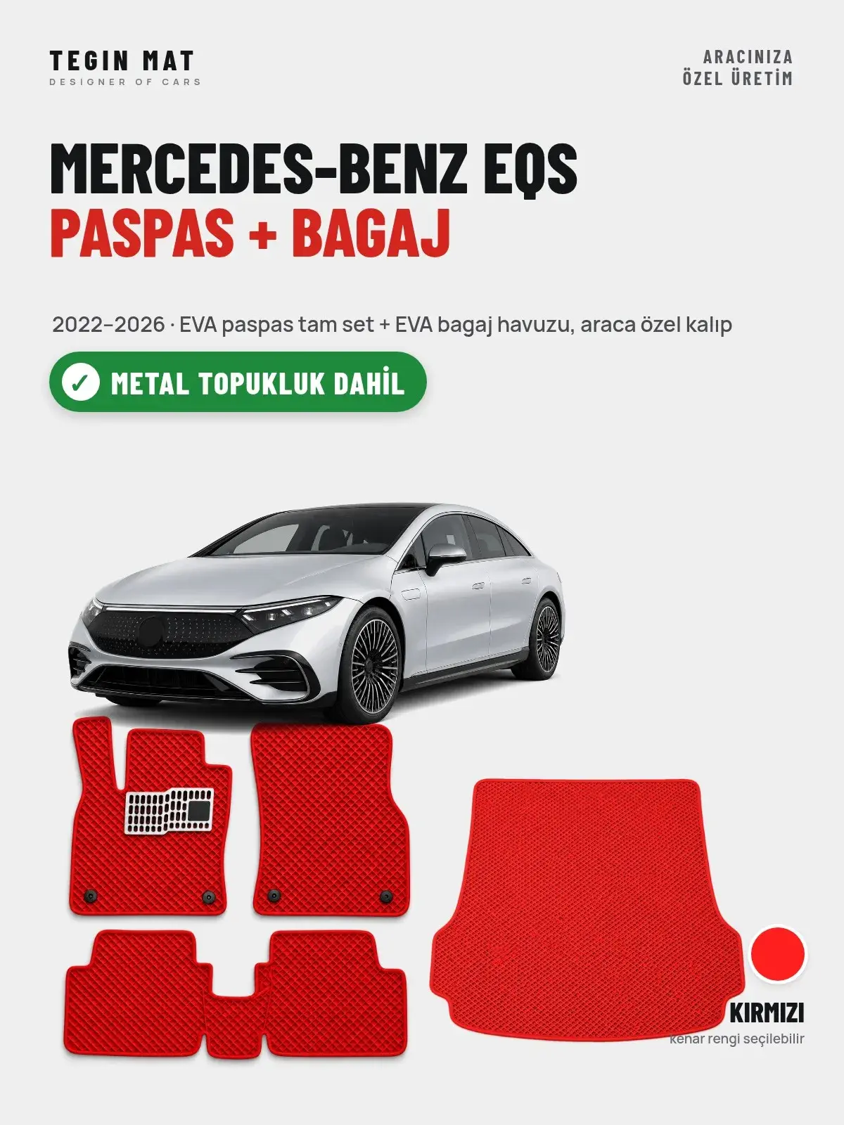 Mercedes-Benz EQS EVA Paspas + Bagaj Havuzu Seti (2022–2026) Kırmızı – Metal Topukluk Dahil (1)
