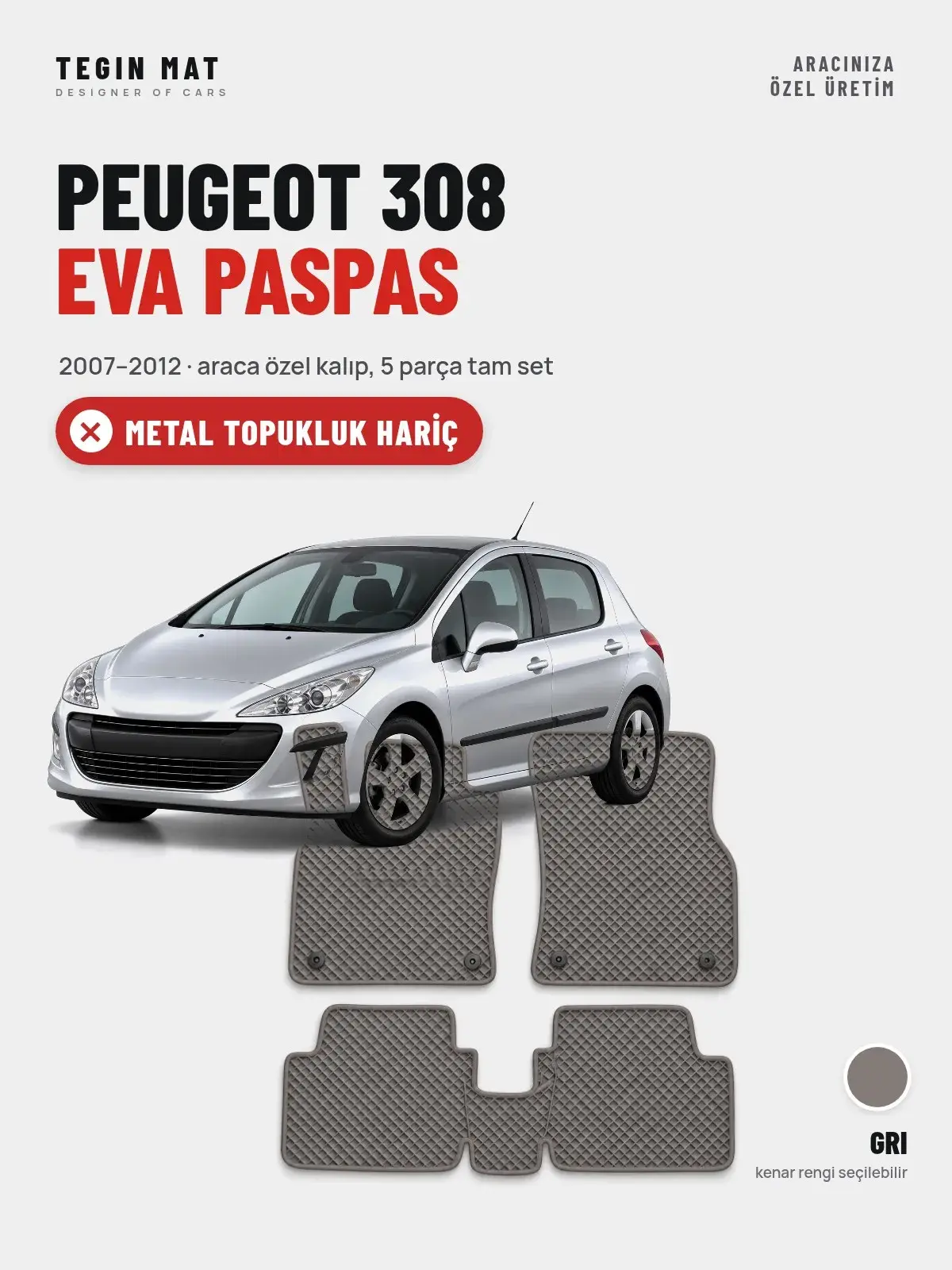 Peugeot 308 EVA Oto Paspas Tam Set (2007–2012) Gri – Metal Topukluk Hariç (1)