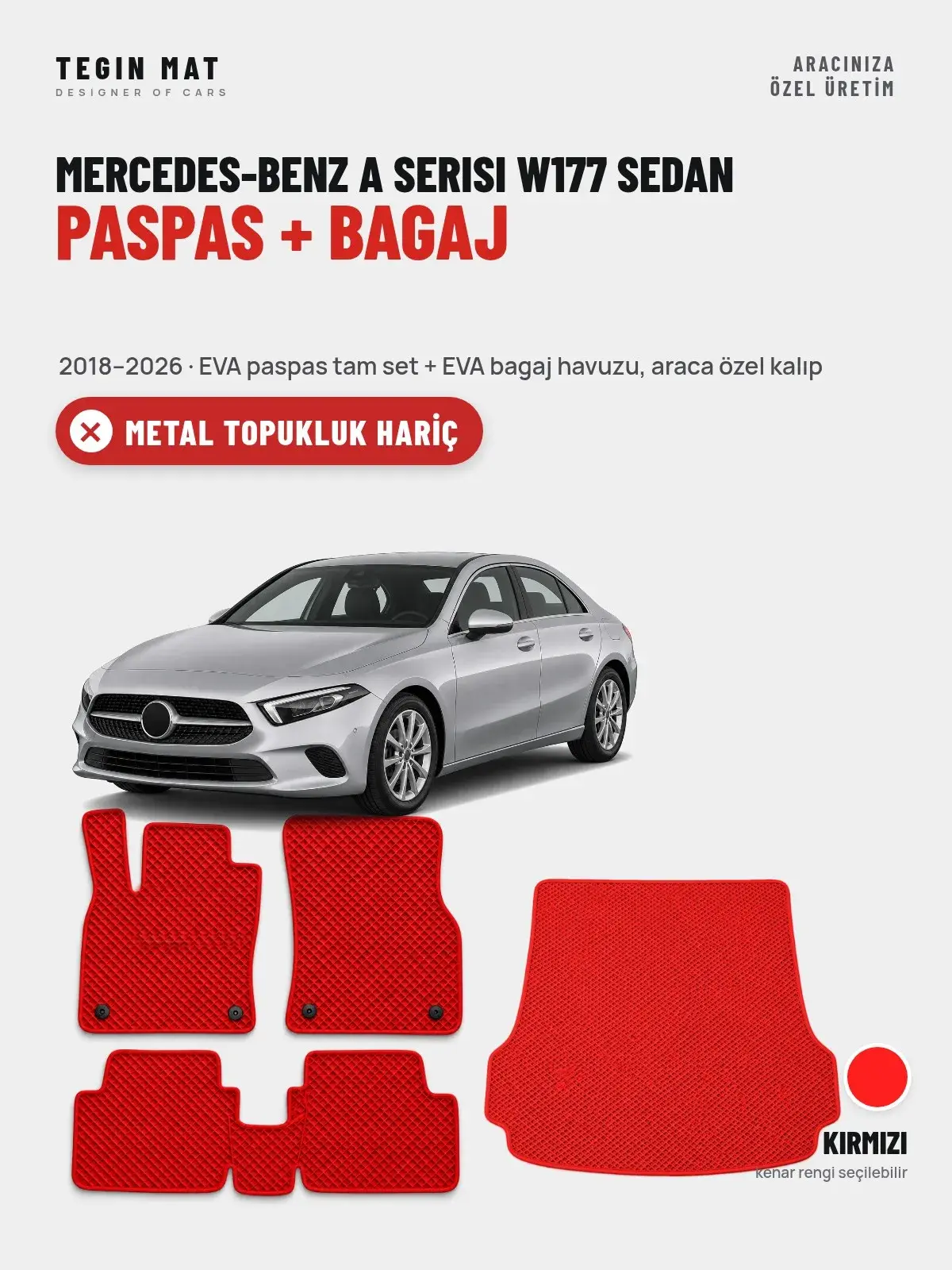 Mercedes-Benz A Serisi W177 Sedan EVA Paspas + Bagaj Havuzu Seti (2018–2026) Kırmızı – Metal Topukluk Hariç (1)