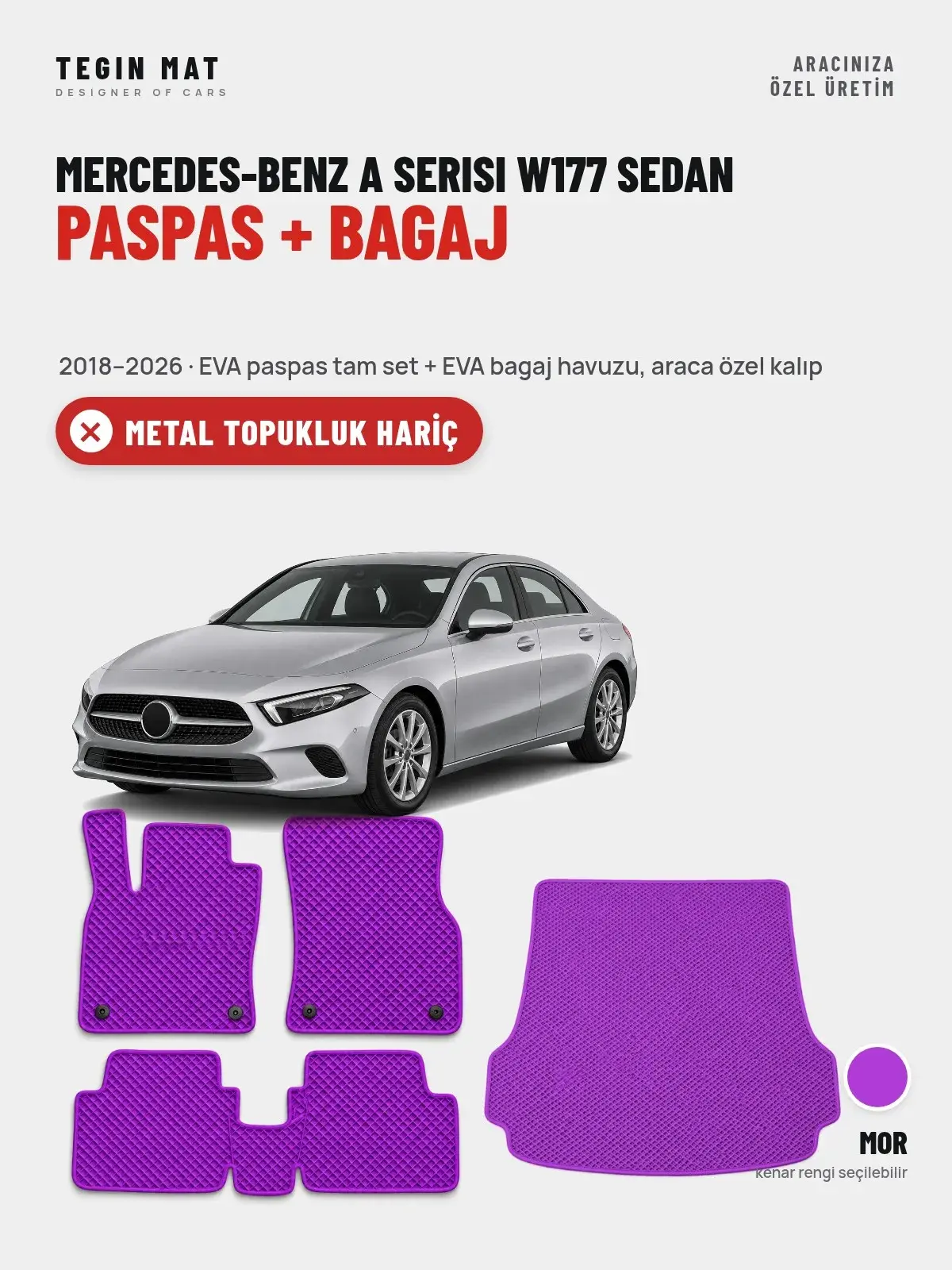 Mercedes-Benz A Serisi W177 Sedan EVA Paspas + Bagaj Havuzu Seti (2018–2026) Mor – Metal Topukluk Hariç (1)