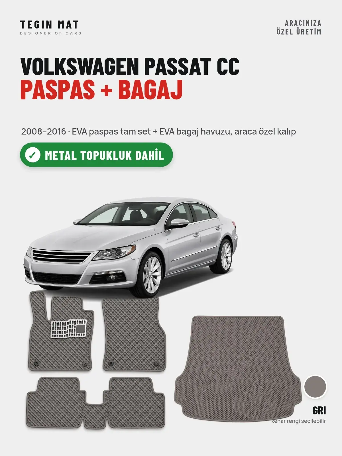 Volkswagen Passat Cc EVA Paspas + Bagaj Havuzu Seti (2008–2016) Gri – Metal Topukluk Dahil (1)