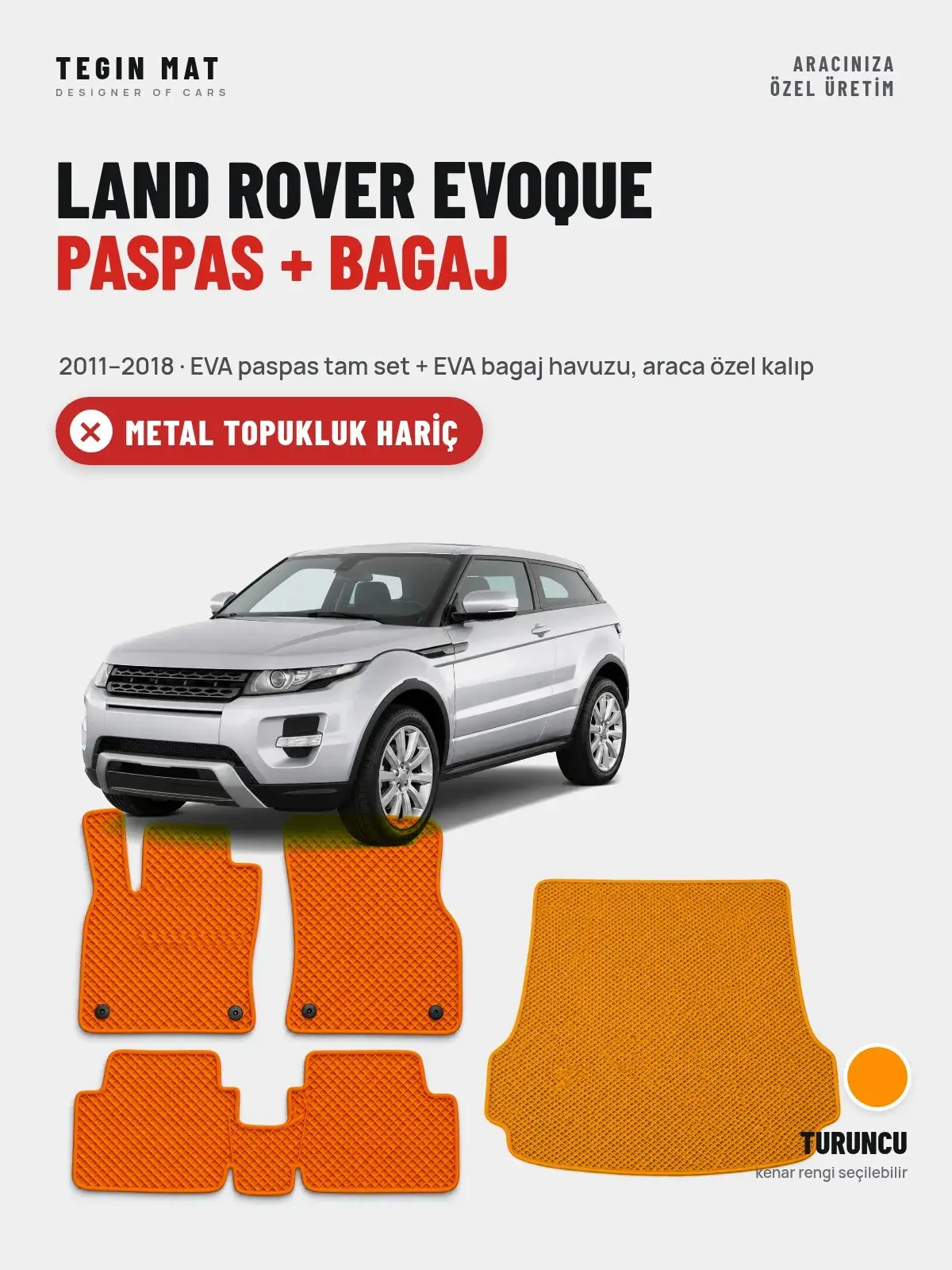 Land Rover Evoque EVA Paspas + Bagaj Havuzu Seti (2011–2018) Turuncu – Metal Topukluk Hariç (1)