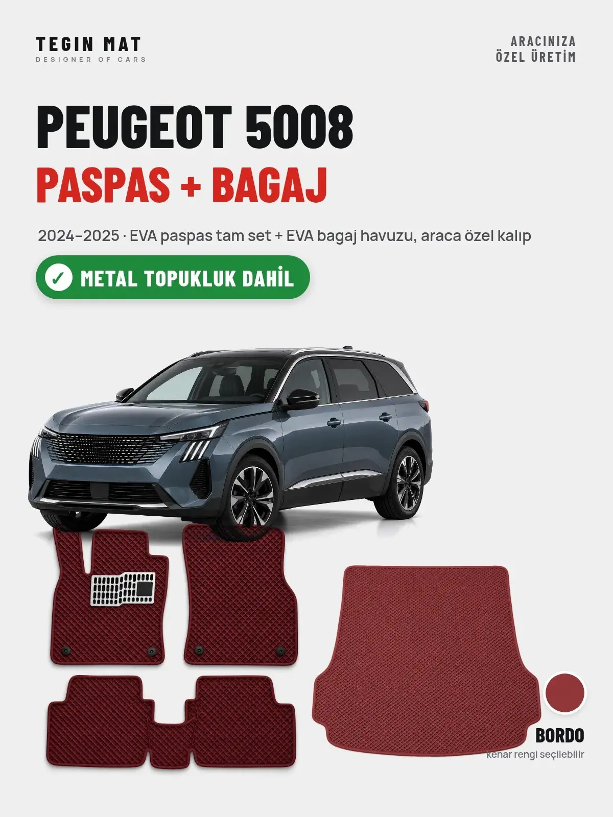 Peugeot 5008 EVA Paspas + Bagaj Havuzu Seti (2024–2025) Bordo – Metal Topukluk Dahil (1)