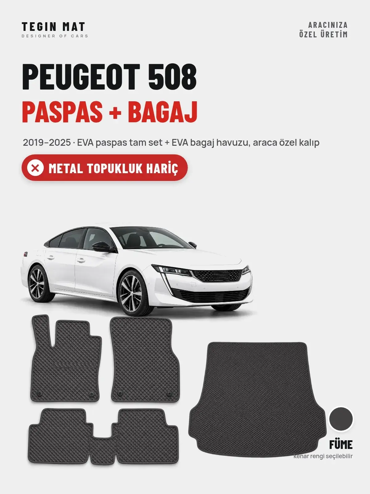 Peugeot 508 EVA Paspas + Bagaj Havuzu Seti (2019–2025) Füme – Metal Topukluk Hariç (1)