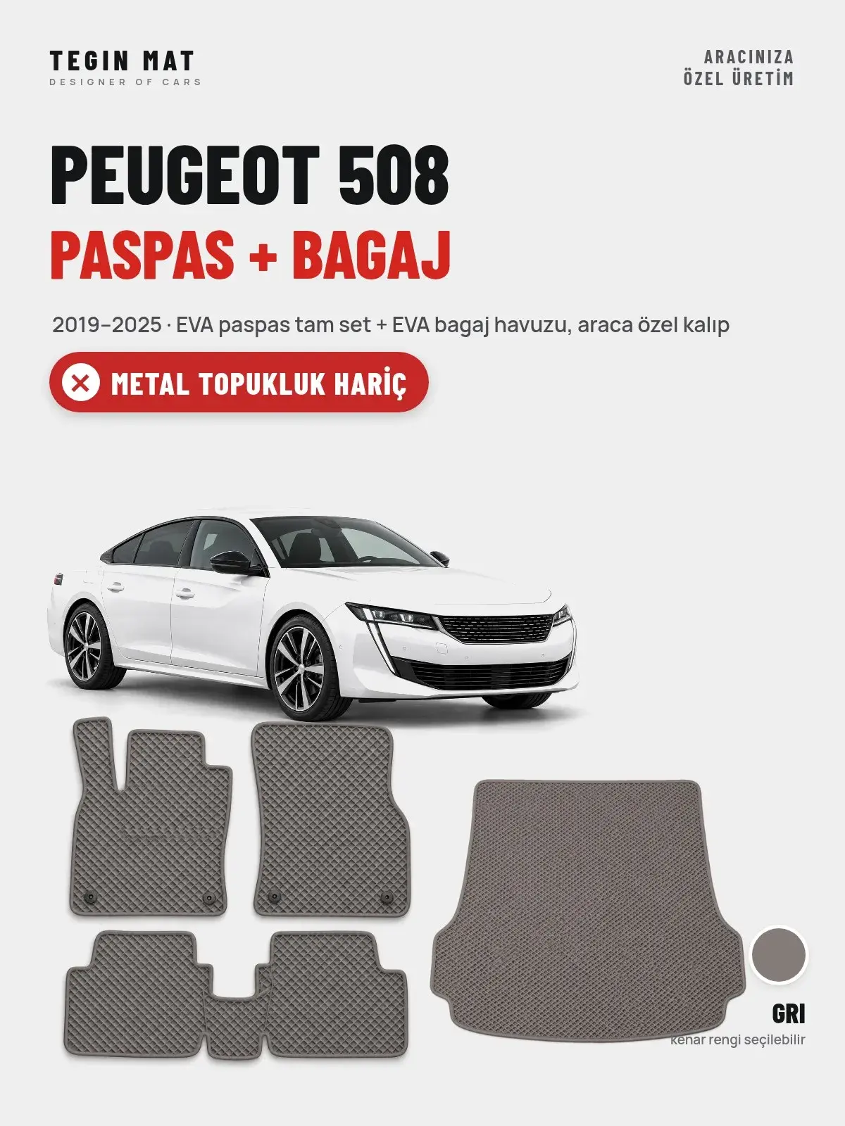 Peugeot 508 EVA Paspas + Bagaj Havuzu Seti (2019–2025) Gri – Metal Topukluk Hariç (1)