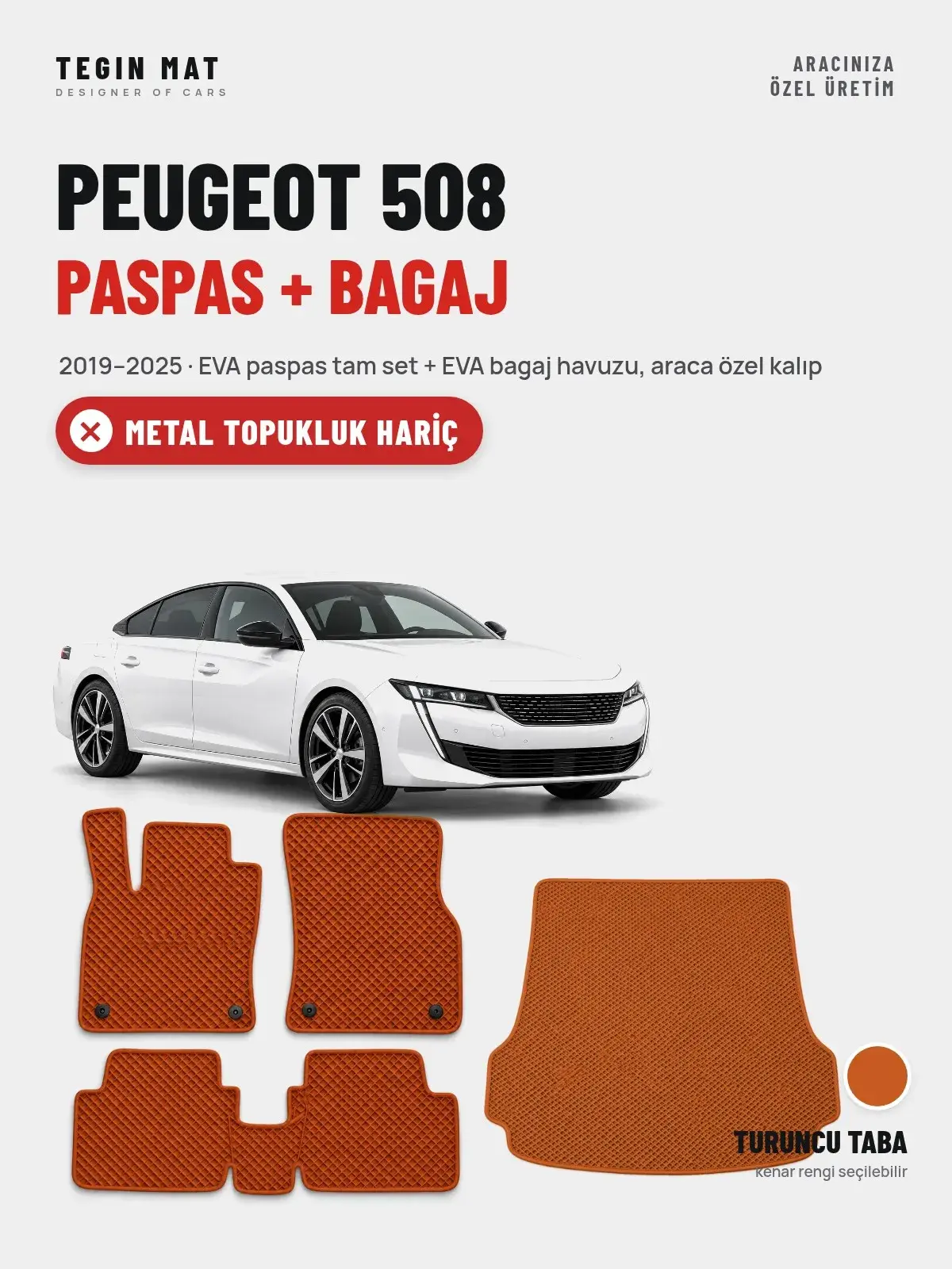 Peugeot 508 EVA Paspas + Bagaj Havuzu Seti (2019–2025) Turuncu Taba – Metal Topukluk Hariç (1)