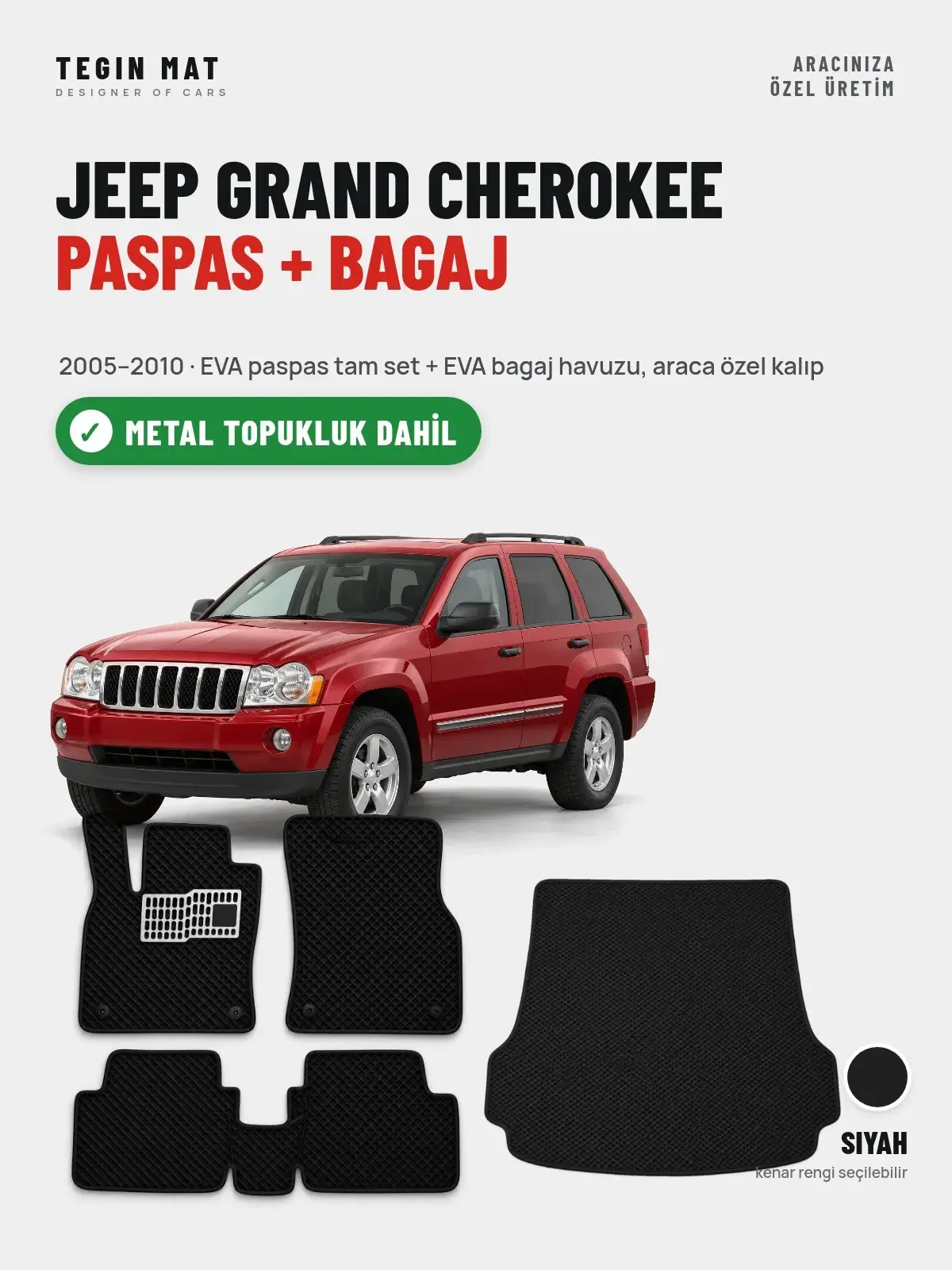 Jeep Grand Cherokee EVA Paspas + Bagaj Havuzu Seti (2005–2010) Siyah – Metal Topukluk Dahil (1)