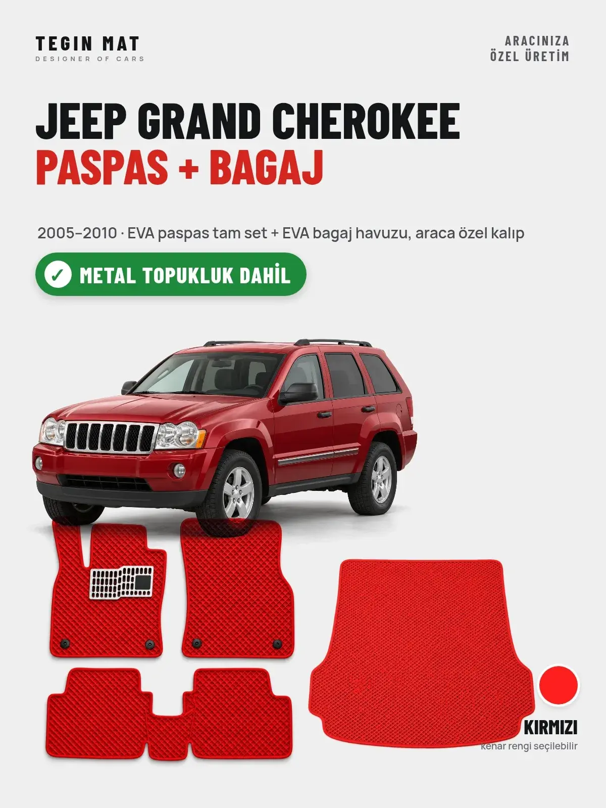 Jeep Grand Cherokee EVA Paspas + Bagaj Havuzu Seti (2005–2010) Kırmızı – Metal Topukluk Dahil (1)