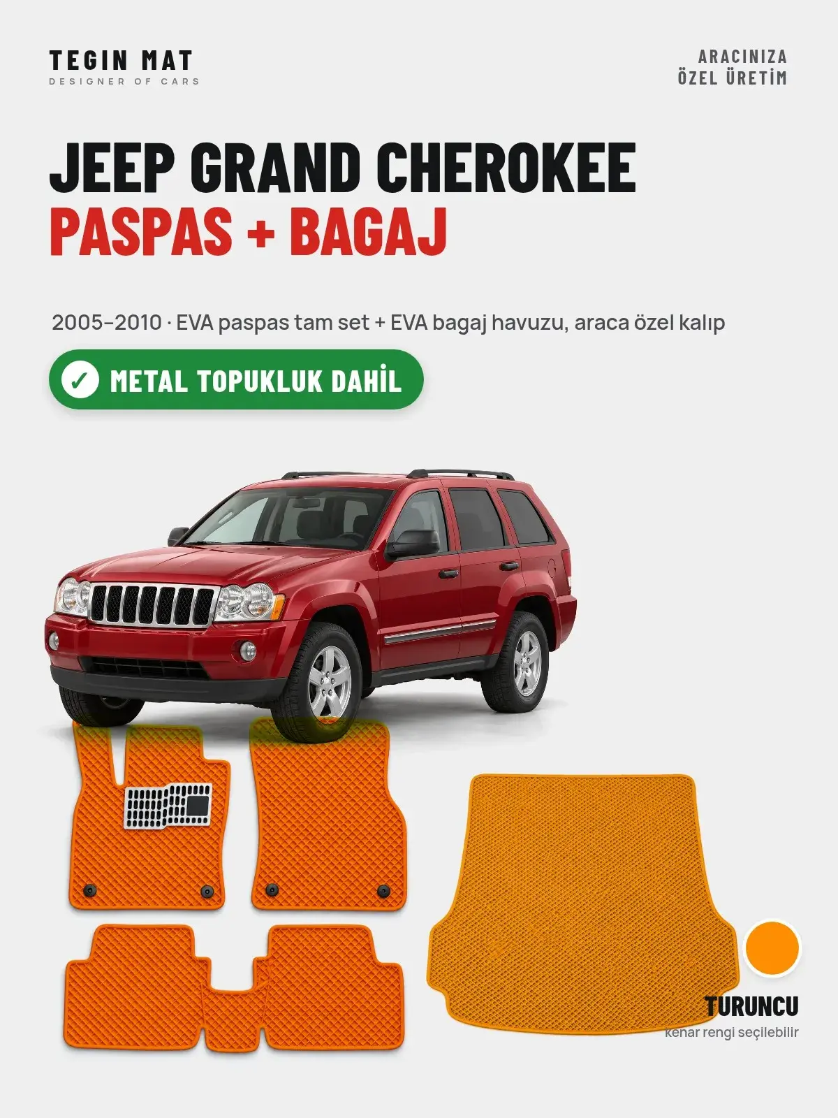 Jeep Grand Cherokee EVA Paspas + Bagaj Havuzu Seti (2005–2010) Turuncu – Metal Topukluk Dahil (1)