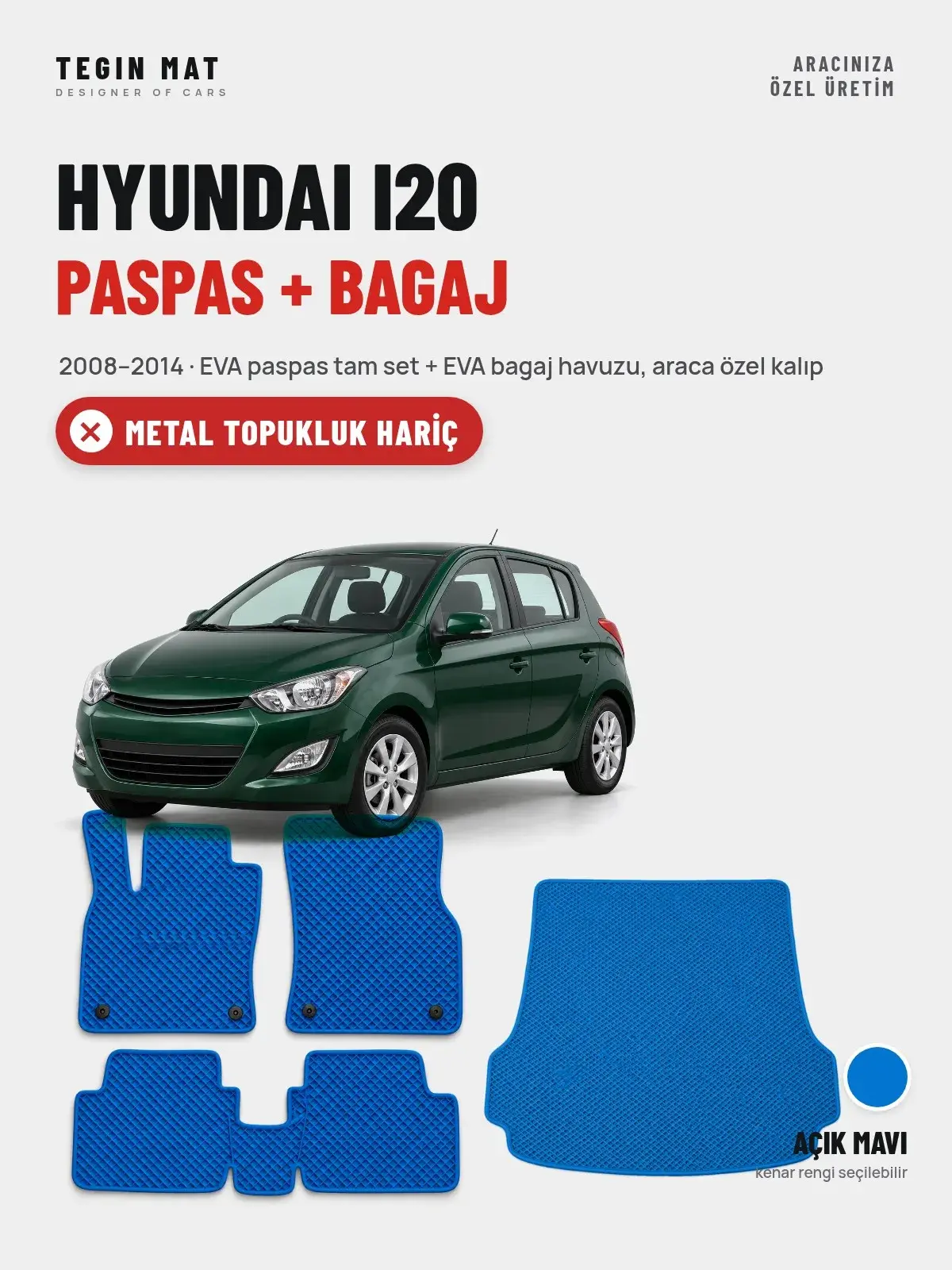 Hyundai i20 EVA Paspas + Bagaj Havuzu Seti (2008–2014) Açık Mavi – Metal Topukluk Hariç (1)