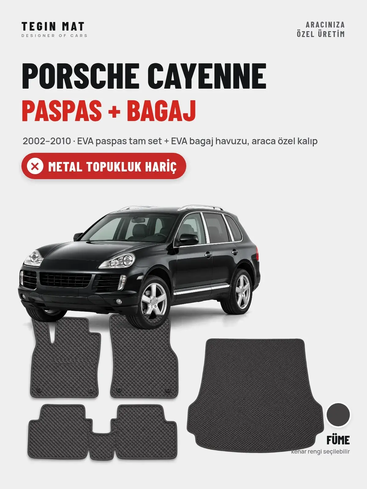 Porsche Cayenne EVA Paspas + Bagaj Havuzu Seti (2002–2010) Füme – Metal Topukluk Hariç (1)