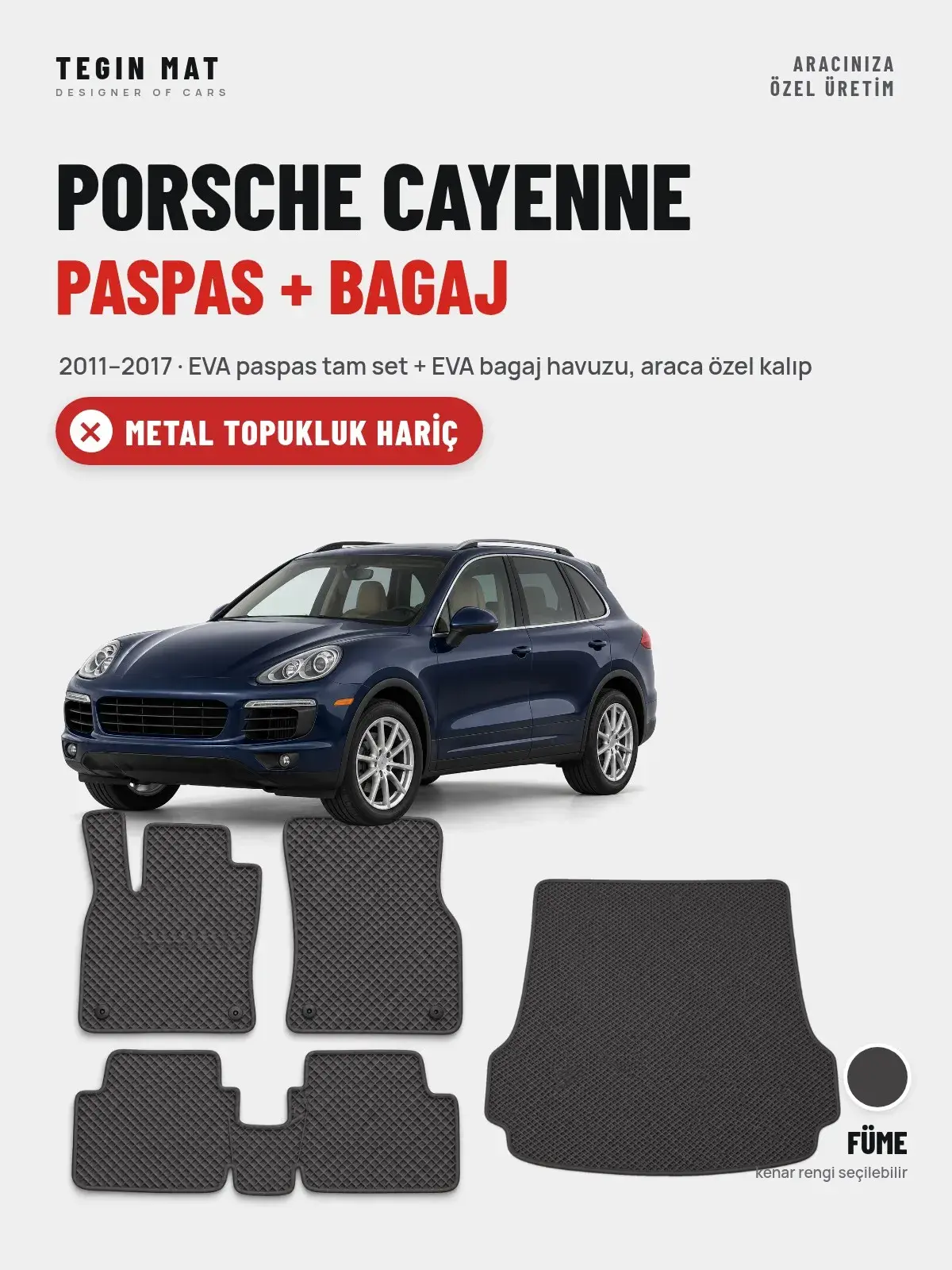 Porsche Cayenne EVA Paspas + Bagaj Havuzu Seti (2011–2017) Füme – Metal Topukluk Hariç (1)