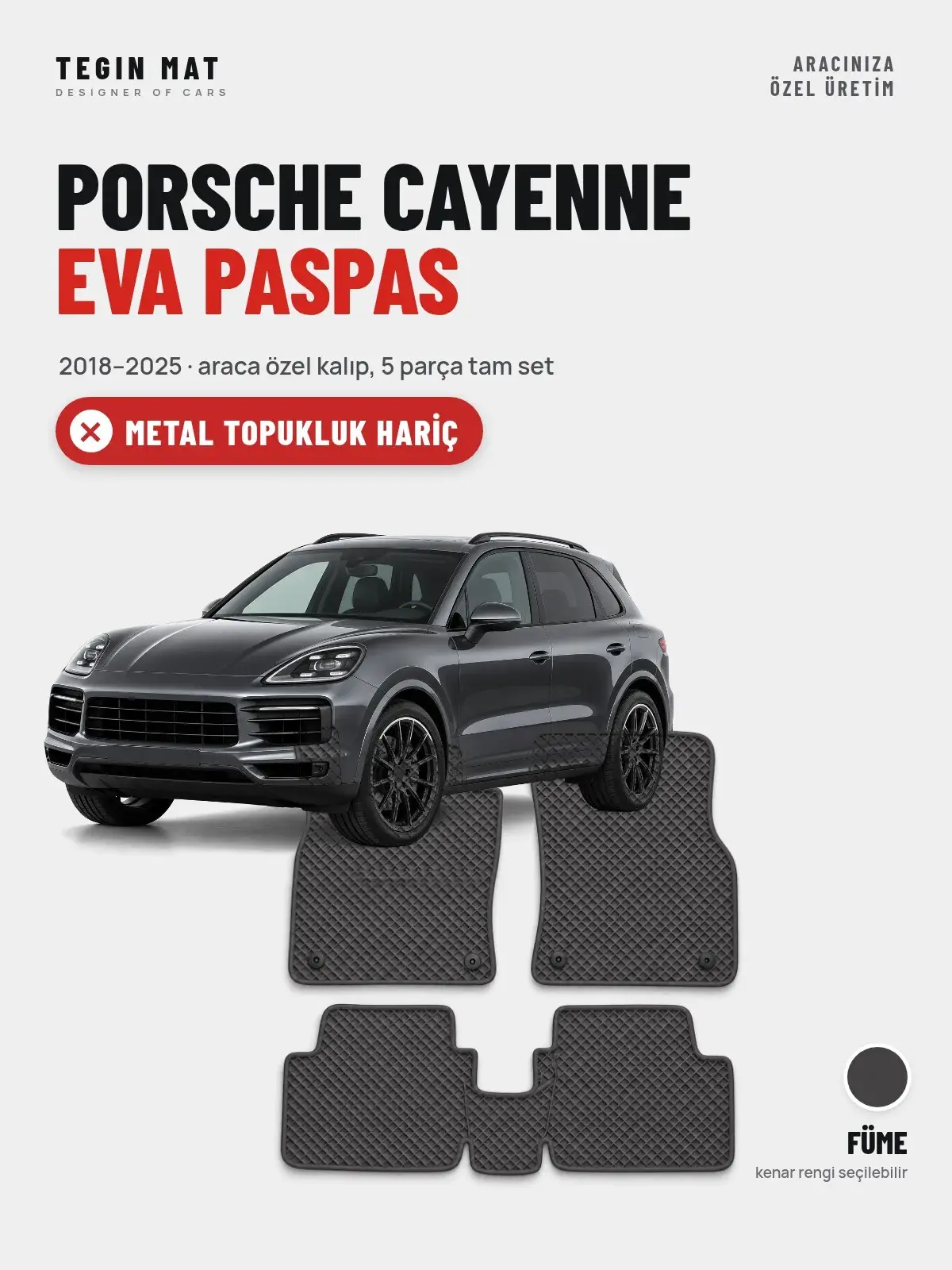 Porsche Cayenne EVA Oto Paspas Tam Set (2018–2025) Füme – Metal Topukluk Hariç (1)