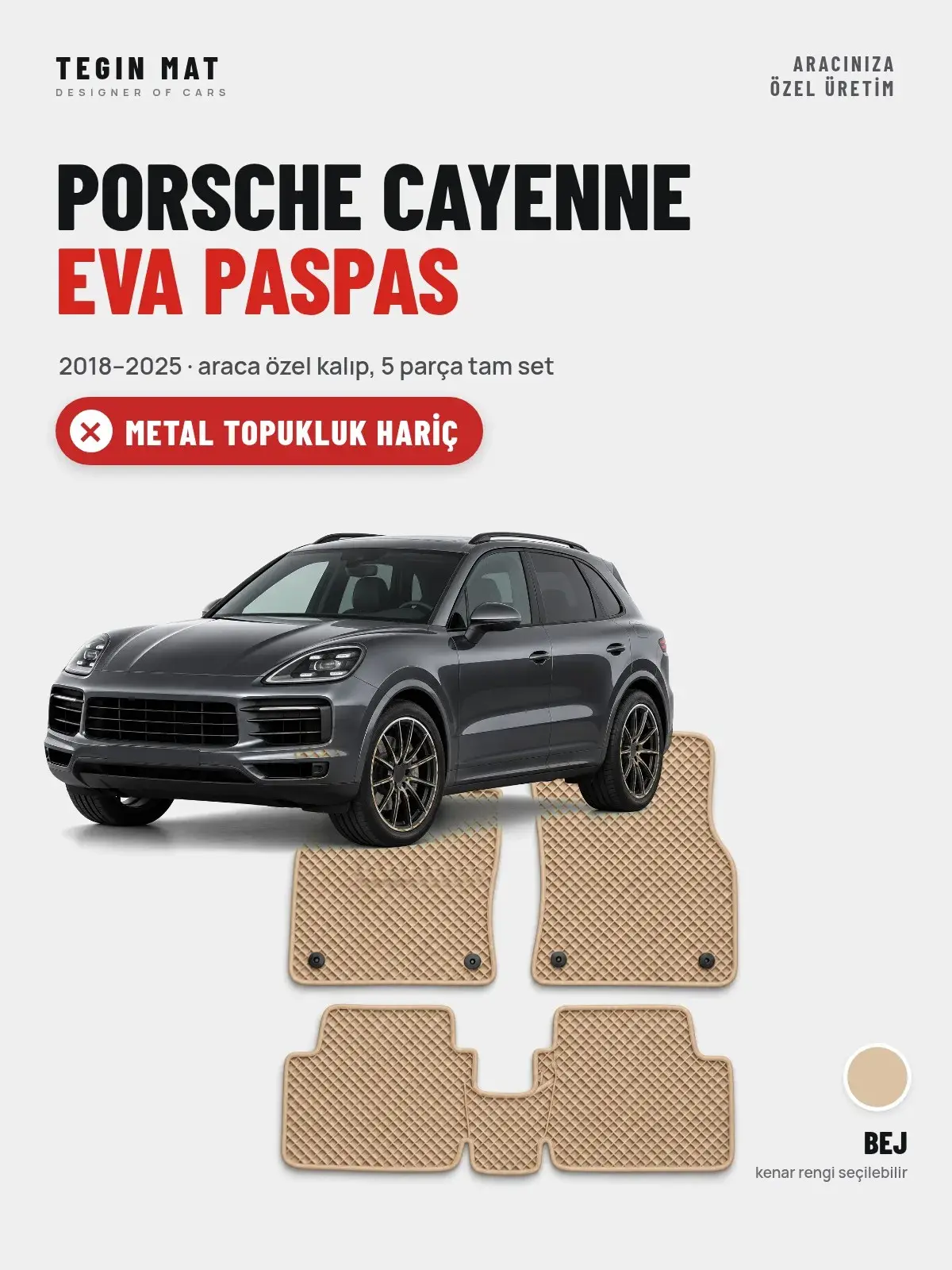 Porsche Cayenne EVA Oto Paspas Tam Set (2018–2025) Bej – Metal Topukluk Hariç (1)