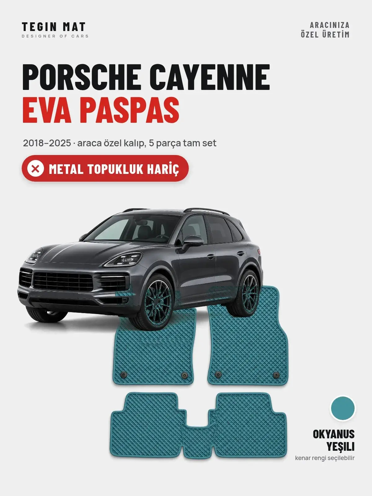 Porsche Cayenne EVA Oto Paspas Tam Set (2018–2025) Okyanus Yeşili – Metal Topukluk Hariç (1)
