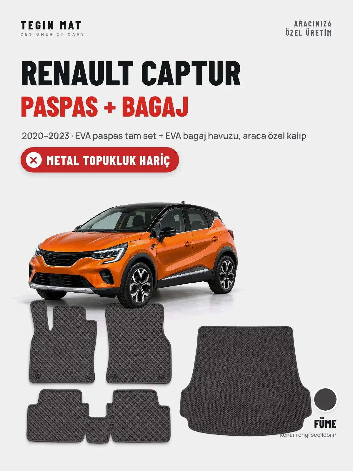 Renault Captur EVA Paspas + Bagaj Havuzu Seti (2020–2023) Füme – Metal Topukluk Hariç (1)