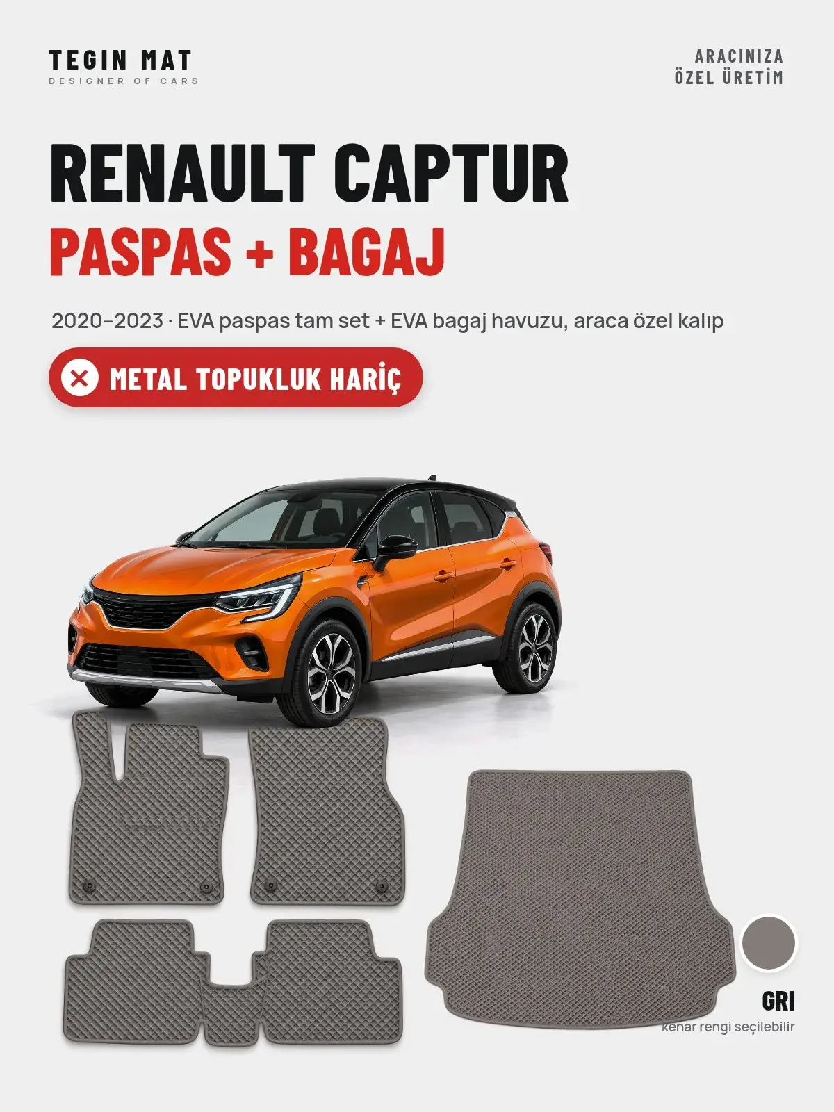 Renault Captur EVA Paspas + Bagaj Havuzu Seti (2020–2023) Gri – Metal Topukluk Hariç (1)