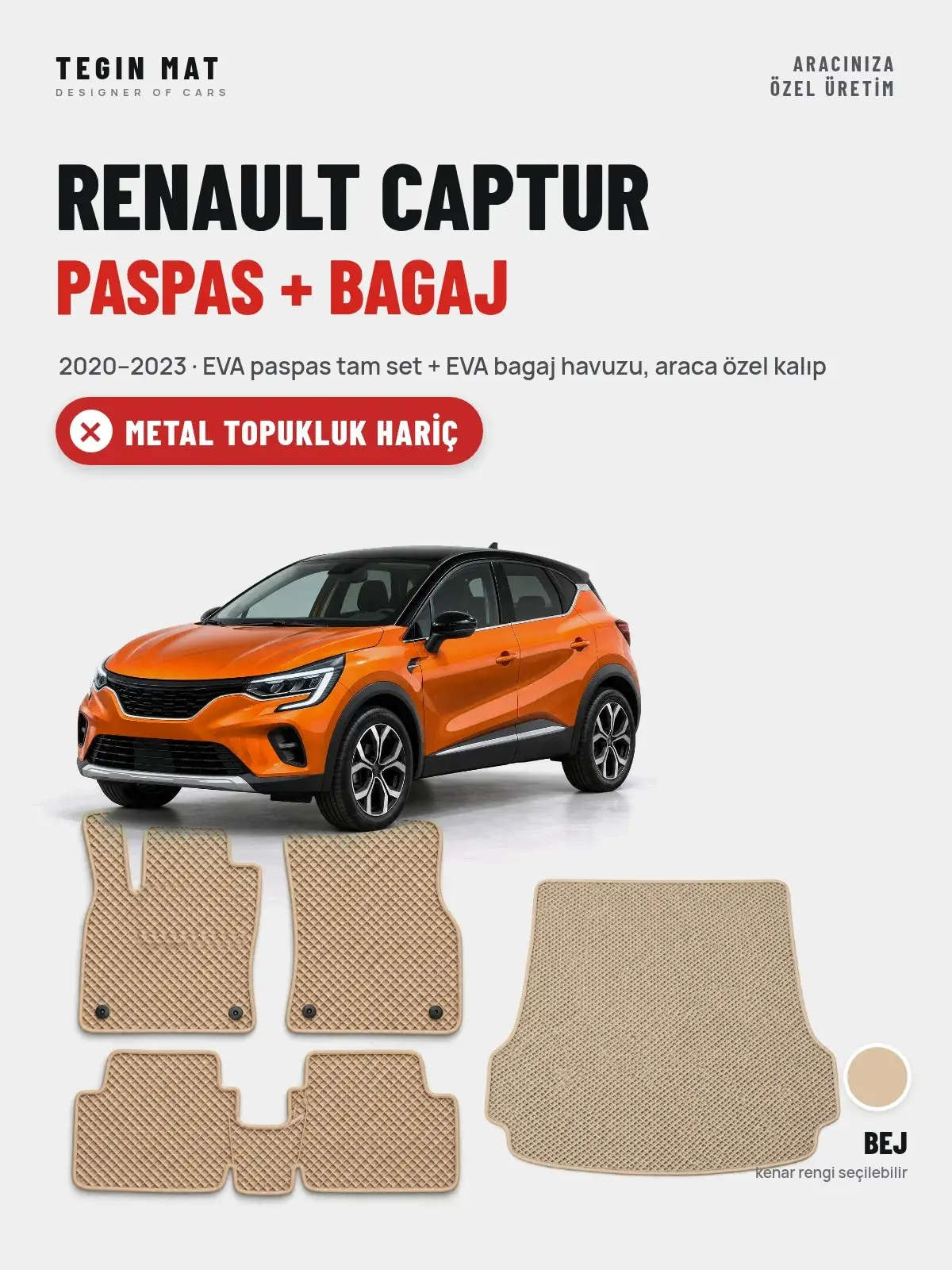 Renault Captur EVA Paspas + Bagaj Havuzu Seti (2020–2023) Bej – Metal Topukluk Hariç (1)