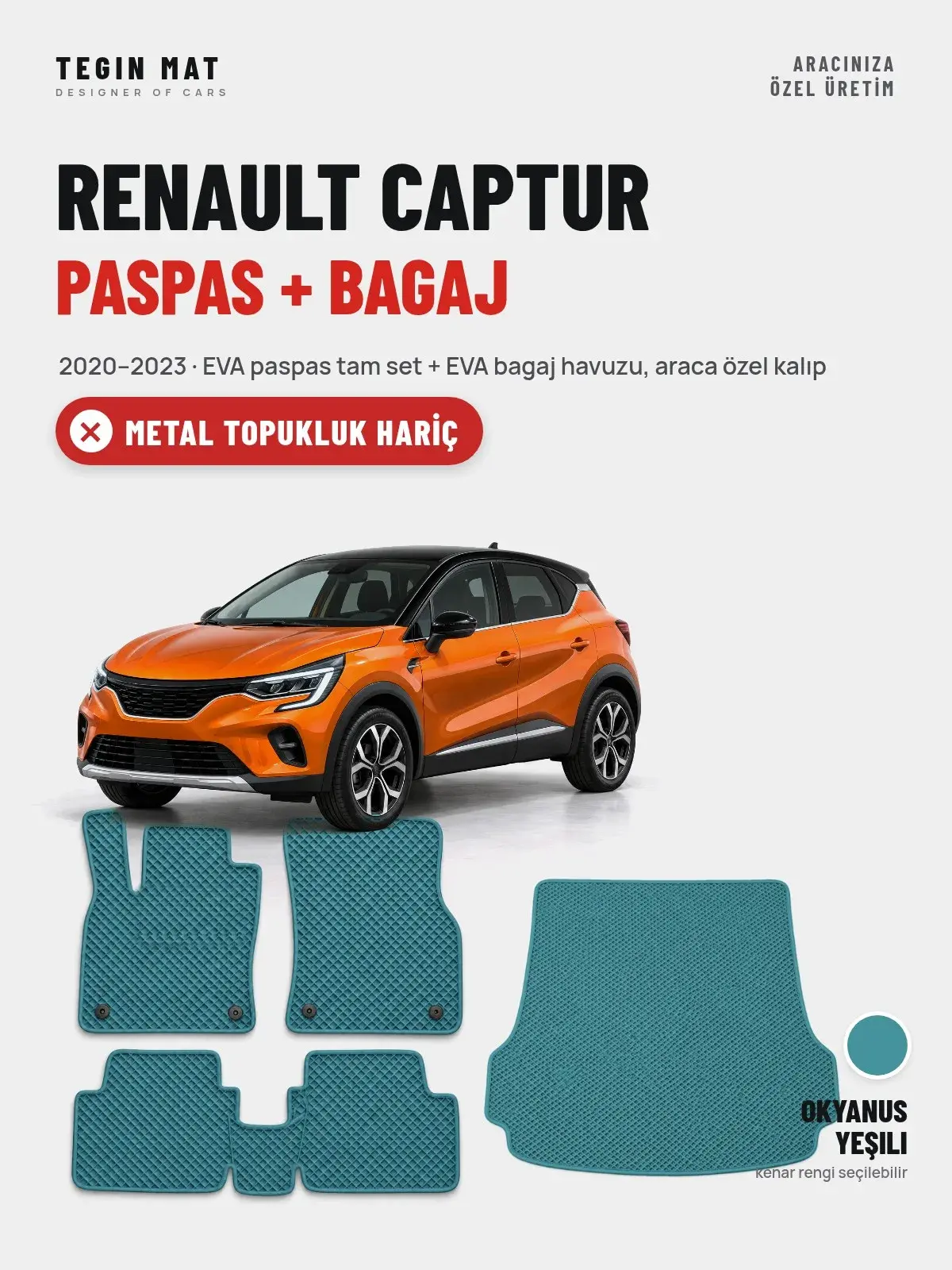 Renault Captur EVA Paspas + Bagaj Havuzu Seti (2020–2023) Okyanus Yeşili – Metal Topukluk Hariç (1)
