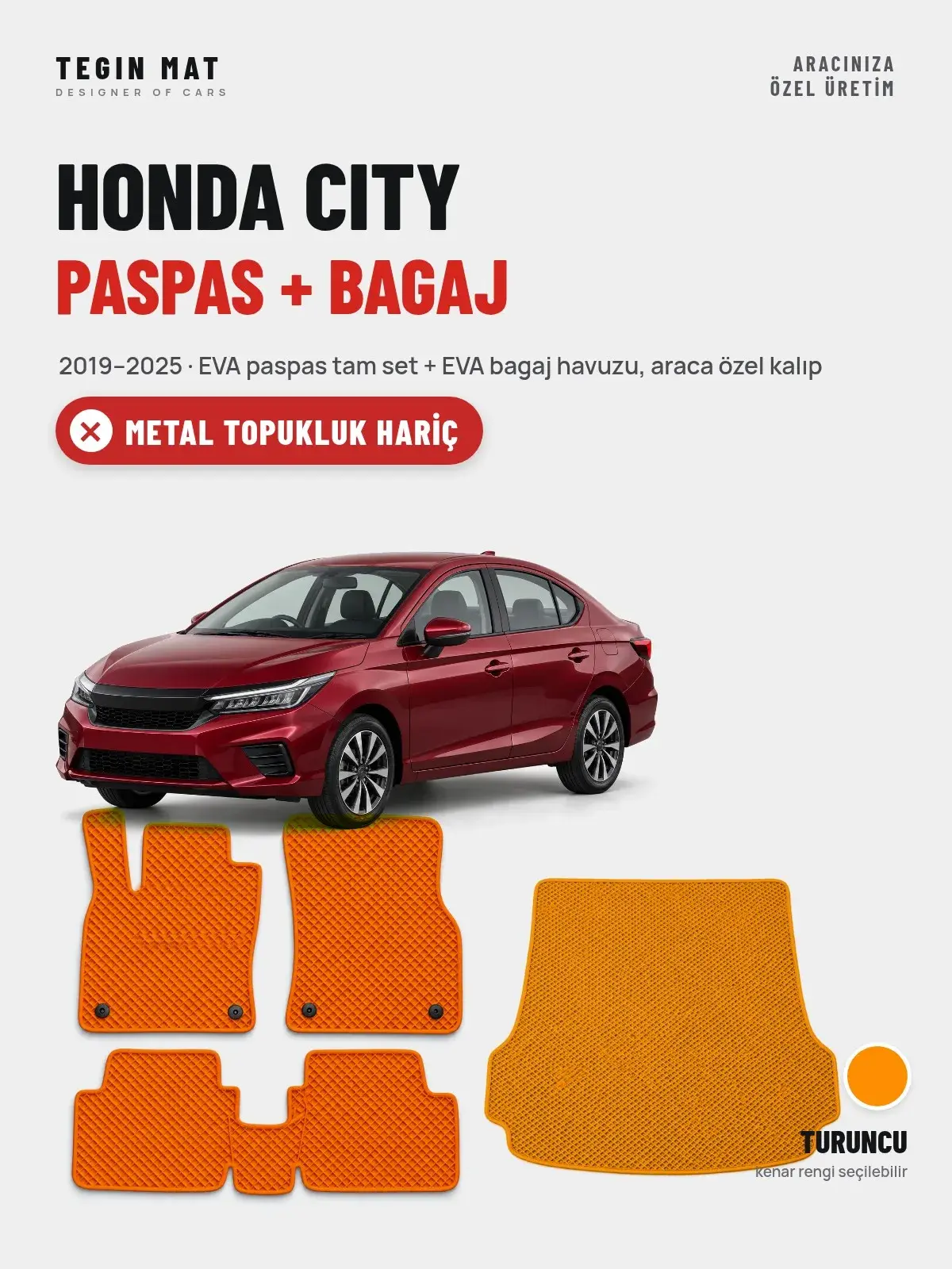Honda City EVA Paspas + Bagaj Havuzu Seti (2019–2025) Turuncu – Metal Topukluk Hariç (1)