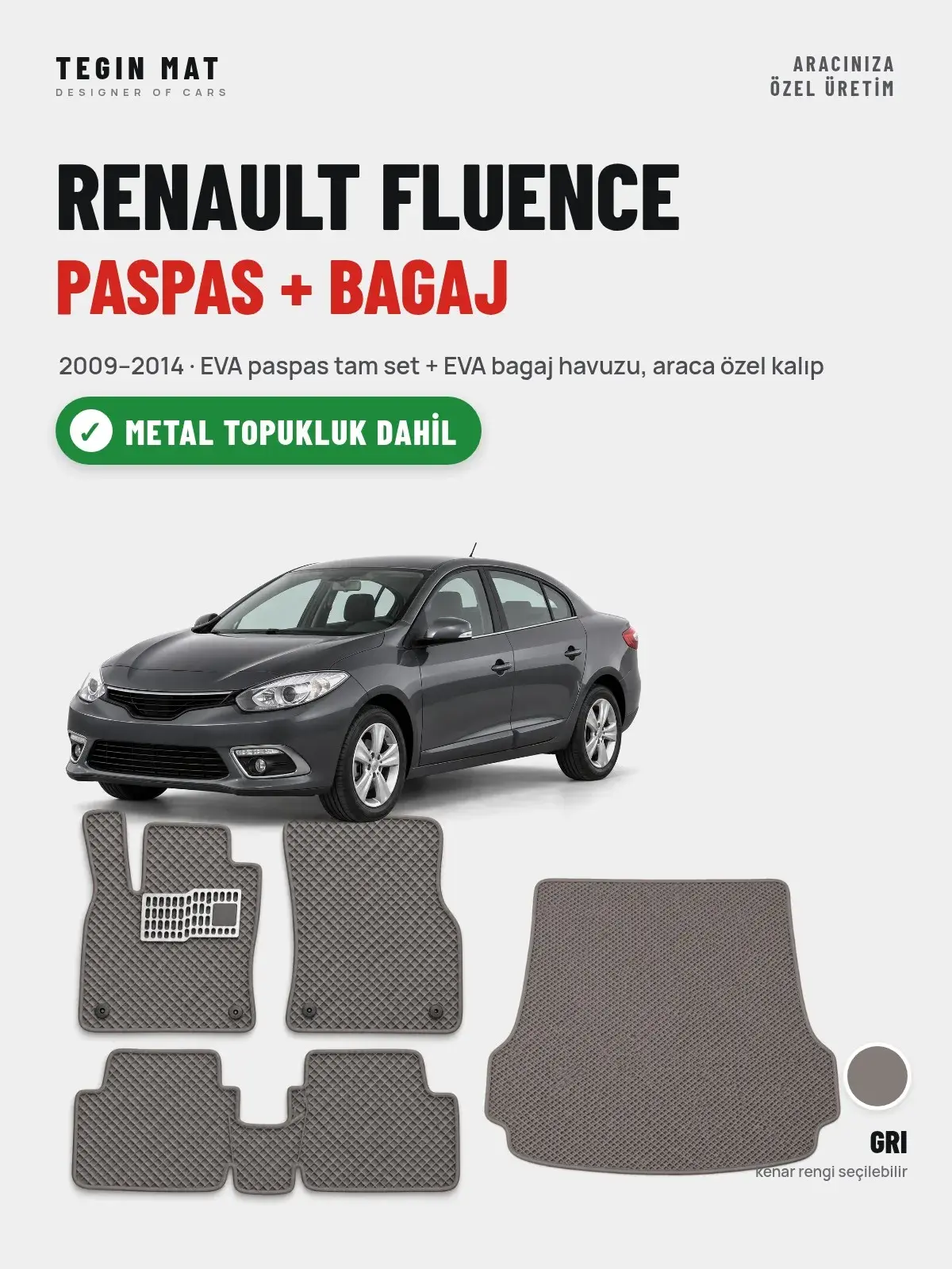 Renault Fluence EVA Paspas + Bagaj Havuzu Seti (2009–2014) Gri – Metal Topukluk Dahil (1)